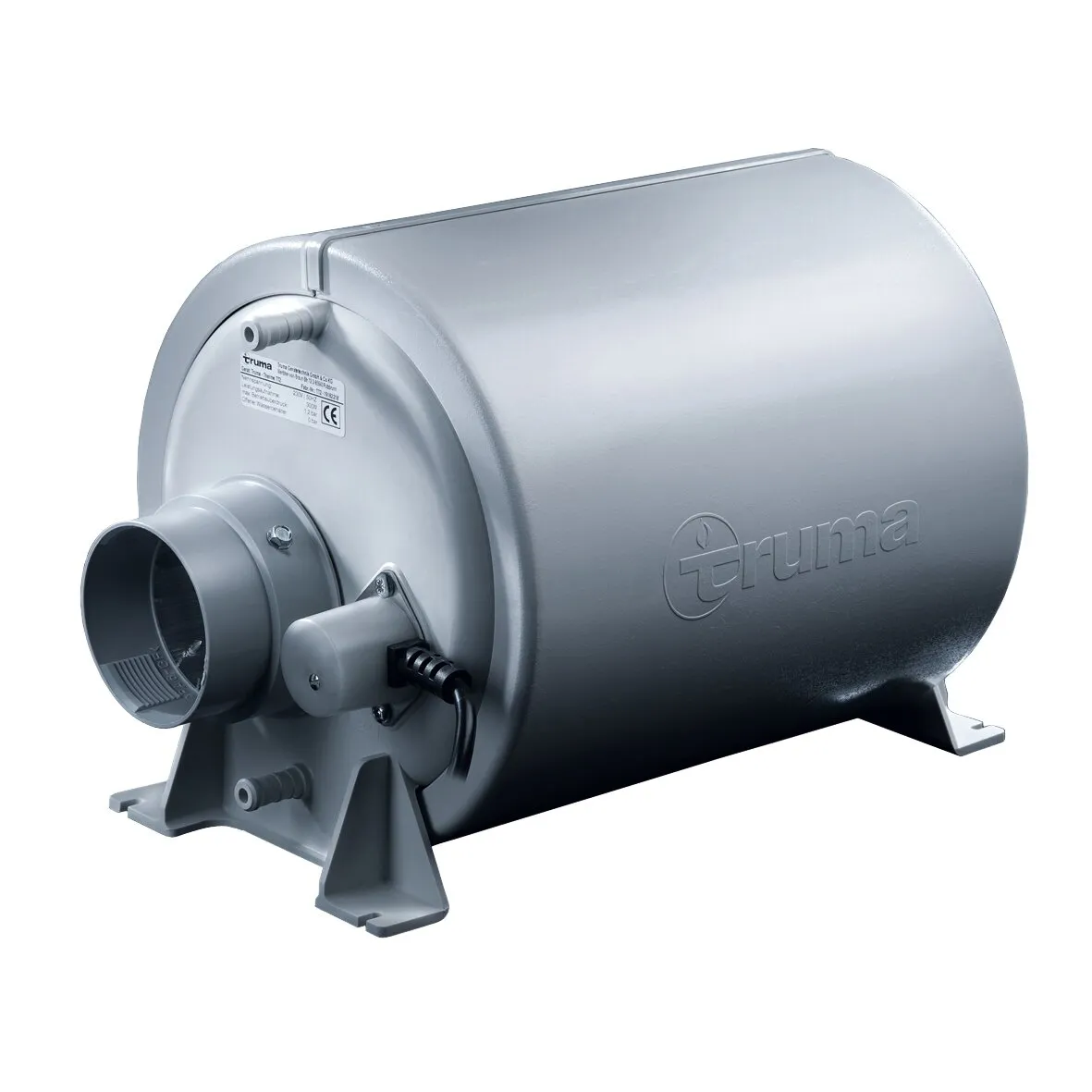 Silberner zylindrischer Warmwasserboiler Truma Therme TT 2 mit Anschlüssen, Standfüßen und Stromkabel in Seitenansicht