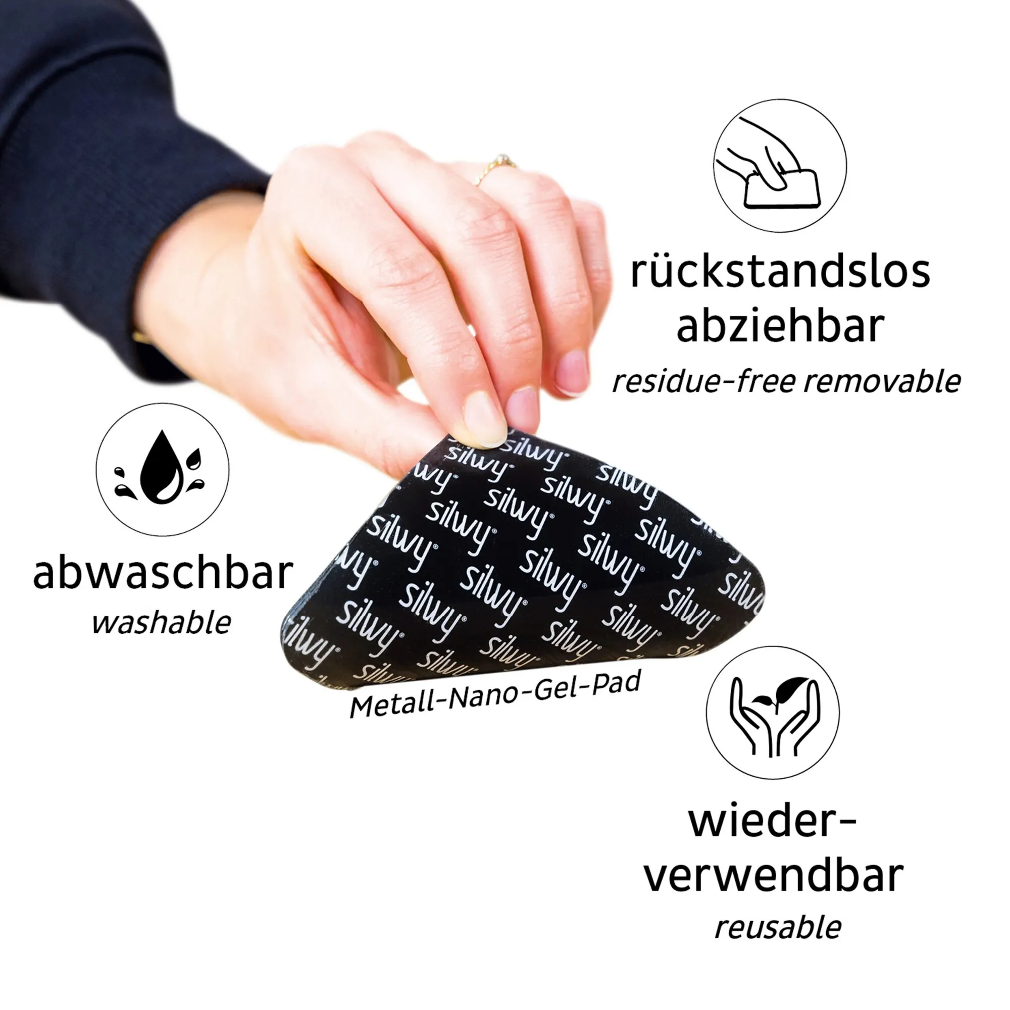 Hand zieht ein schwarzes Metall-Nano-Gel-Pad ab; Hinweise nennen es abwaschbar, rückstandslos abziehbar und wiederverwendbar