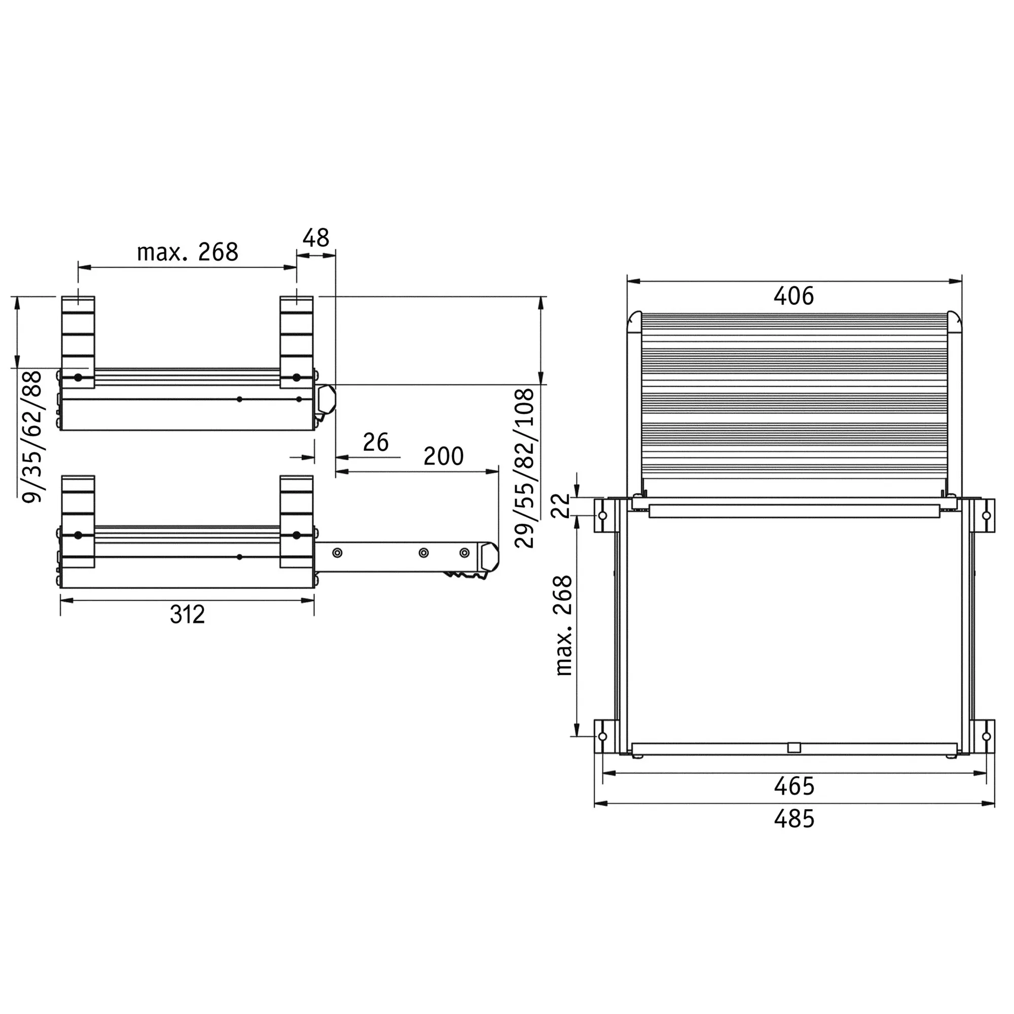 Technische Maßzeichnung der manuellen Thule Slide-Out Step 400 Trittstufe mit ausgezogener und eingeschobener Ansicht