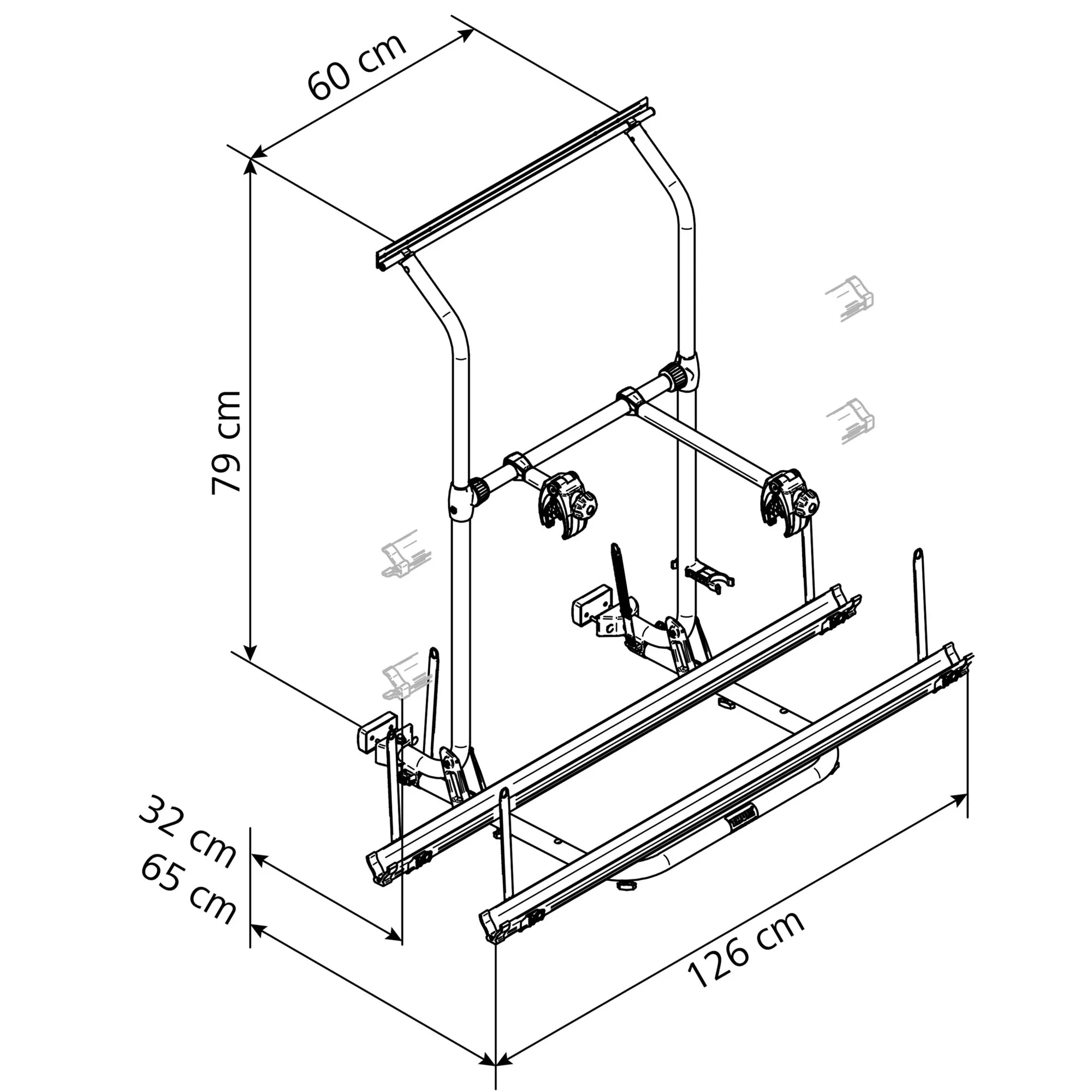 Technische Zeichnung des Fahrradträgers Thule Sport G2 Hobby mit zwei Fahrradschienen und Maßangaben 126 × 65 × 79 cm sowie 60 cm Tiefe
