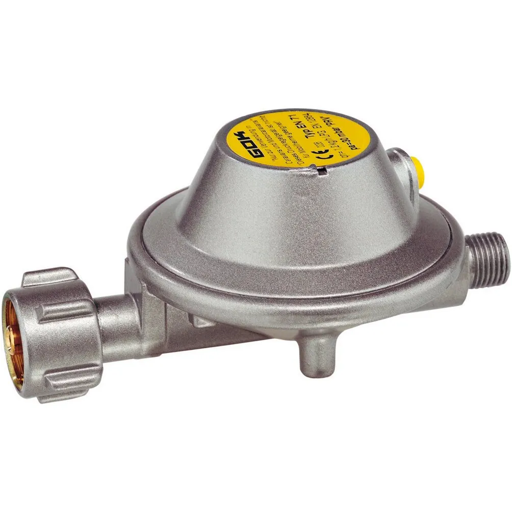 Silberfarbener Niederdruckregler für Gasflaschen mit seitlichem Gewindeanschluss und gelbem Kennzeichnungsschild, Durchfluss 1,2 kg/h