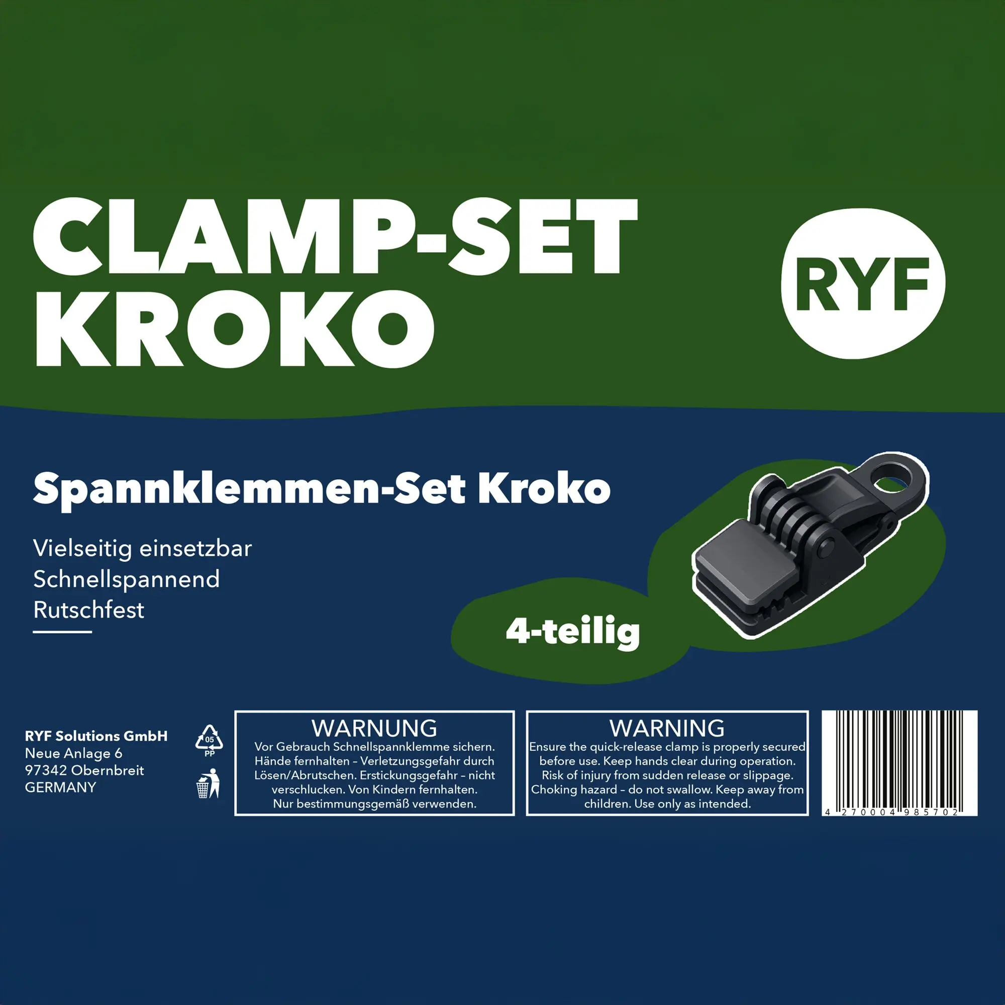 Verpackung des Spannklemmen-Sets Kroko mit Klappverschluss, grün-blau, große weiße CLAMP-SET KROKO Schrift, RYF-Logo in Kreis, Abbildung einer 4-teiligen Klemme