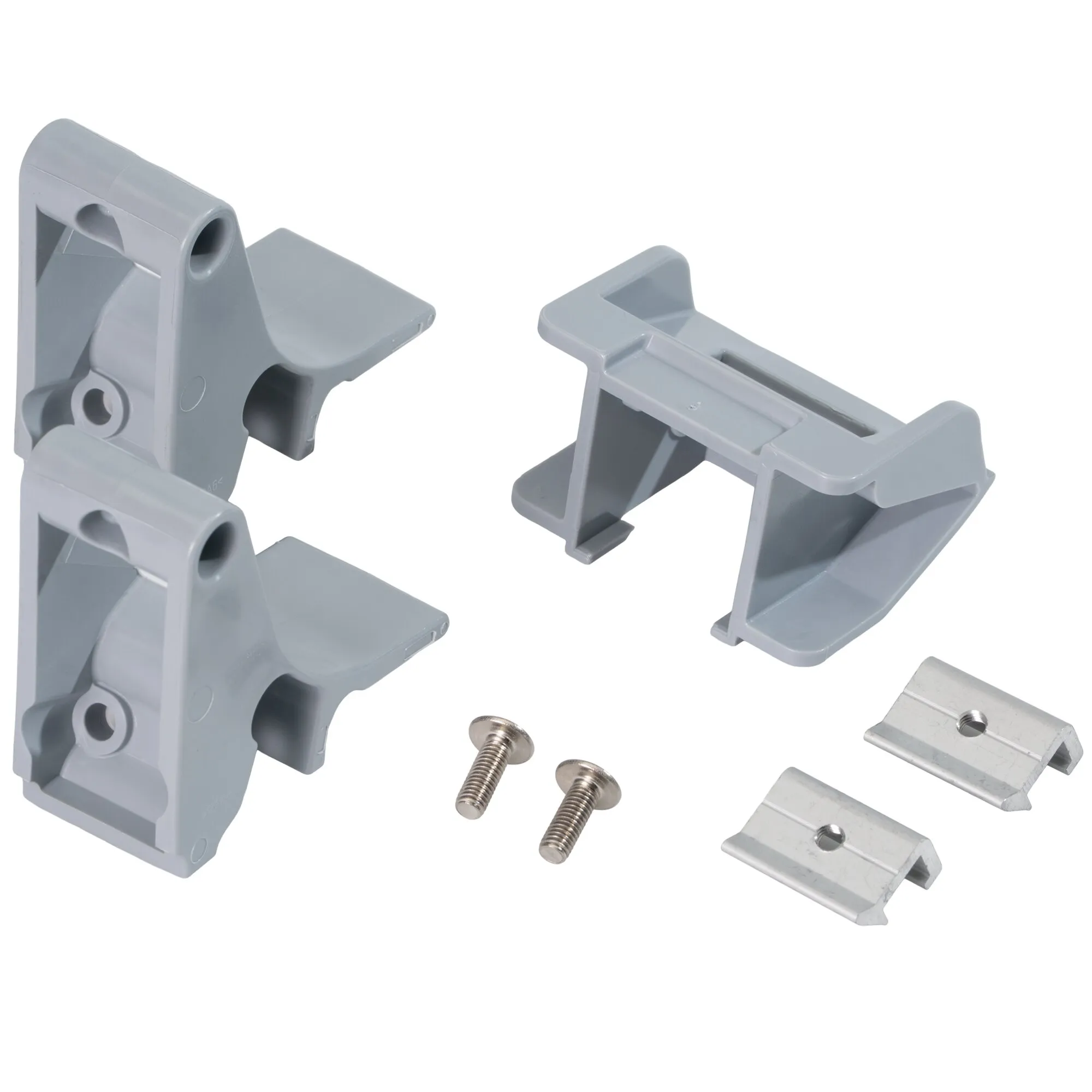 Graues Montagekit für Side F80s mit zwei Halterungen, einer Verbindungsschiene, zwei Edelstahlschrauben und zwei Metalleinsätzen