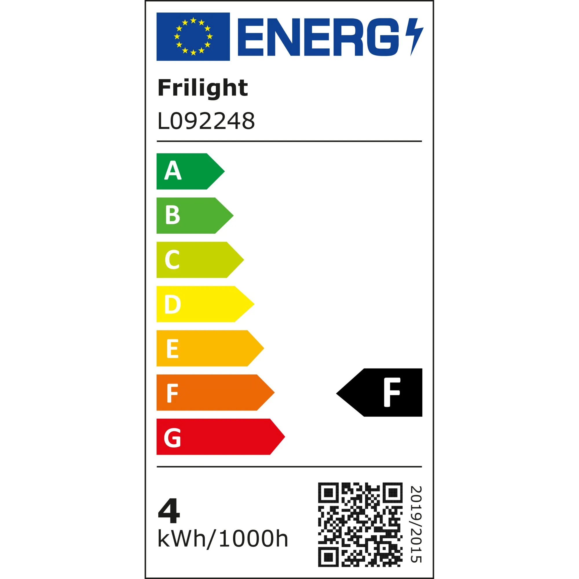Energieeffizienzlabel der Deckenleuchte Saturn von Fri Light, Modell L092248, Energieeffizienzklasse F und 4 kWh/1000 h