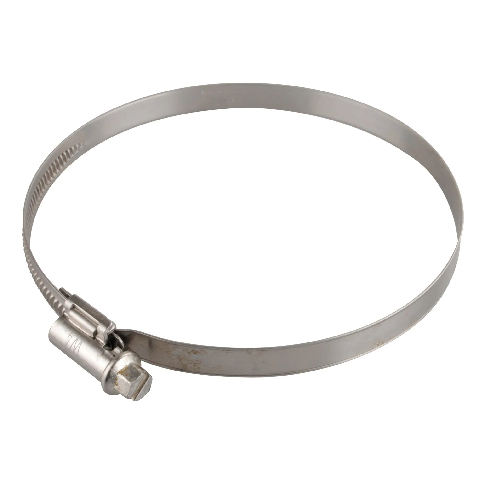 Verzinkte Schlauchschelle mit 90–110 mm Spannbereich, gelochtem Metallband und Sechskant-Schraubverschluss erl.
