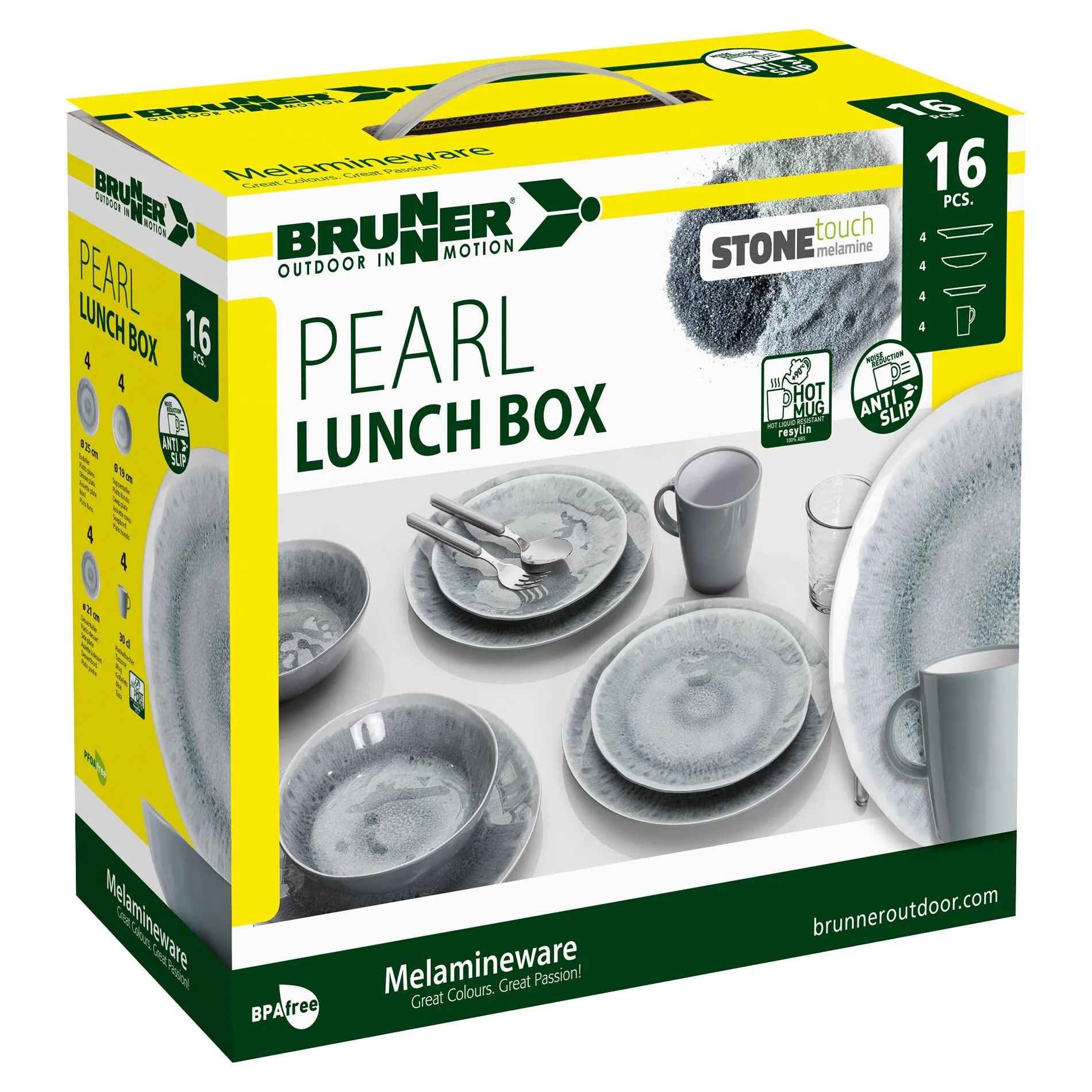 Verpackung des Brunner-Geschirrsets Pearl aus grauem Melamin mit Tellern, Schalen und Tassen, 16-teilig