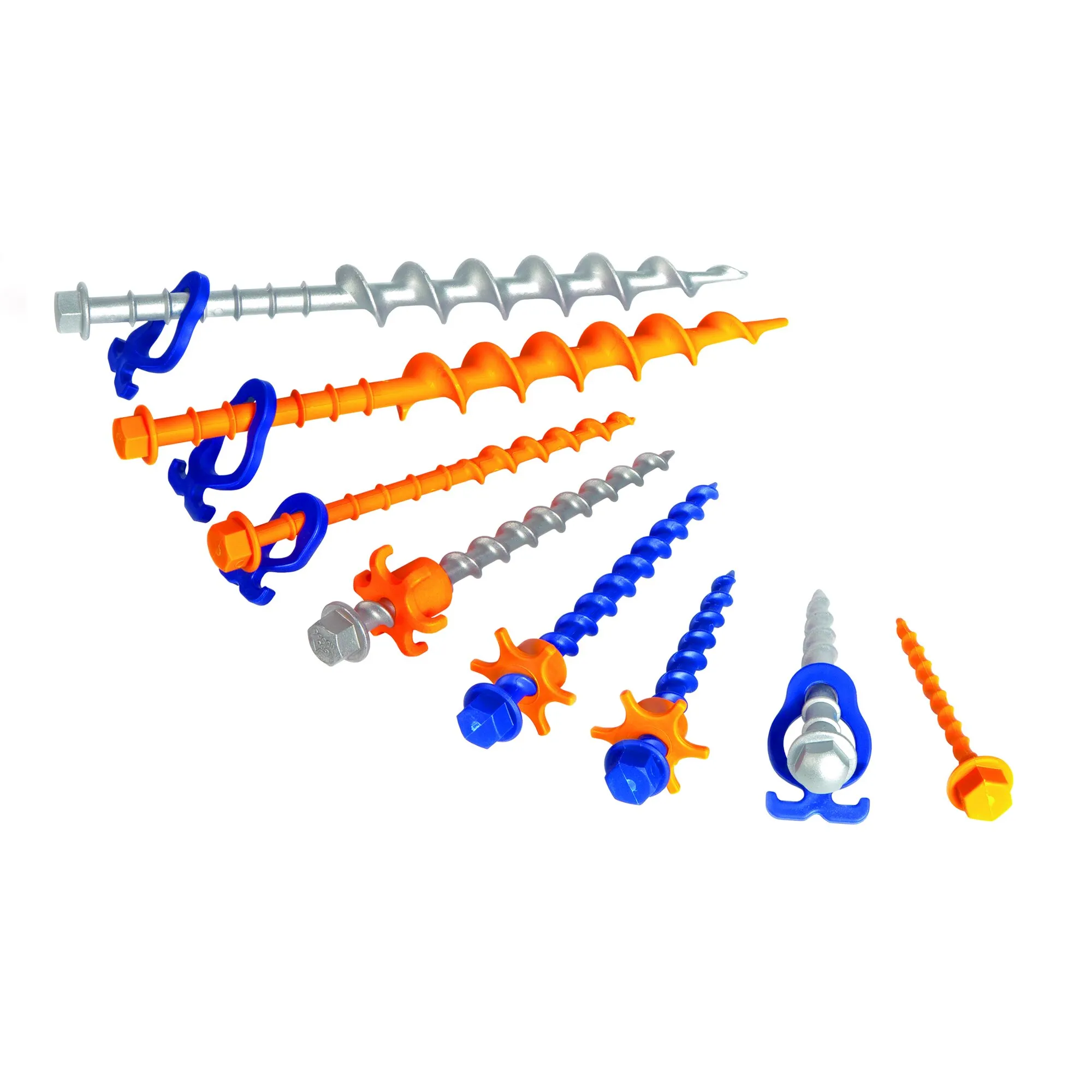 Mehrere PP-Schraubheringe Peg&Stop HeavyDuty in Silber, Orange und Blau mit Spiralgewinde, Sechskantköpfen und verschiedenen Haltebügeln