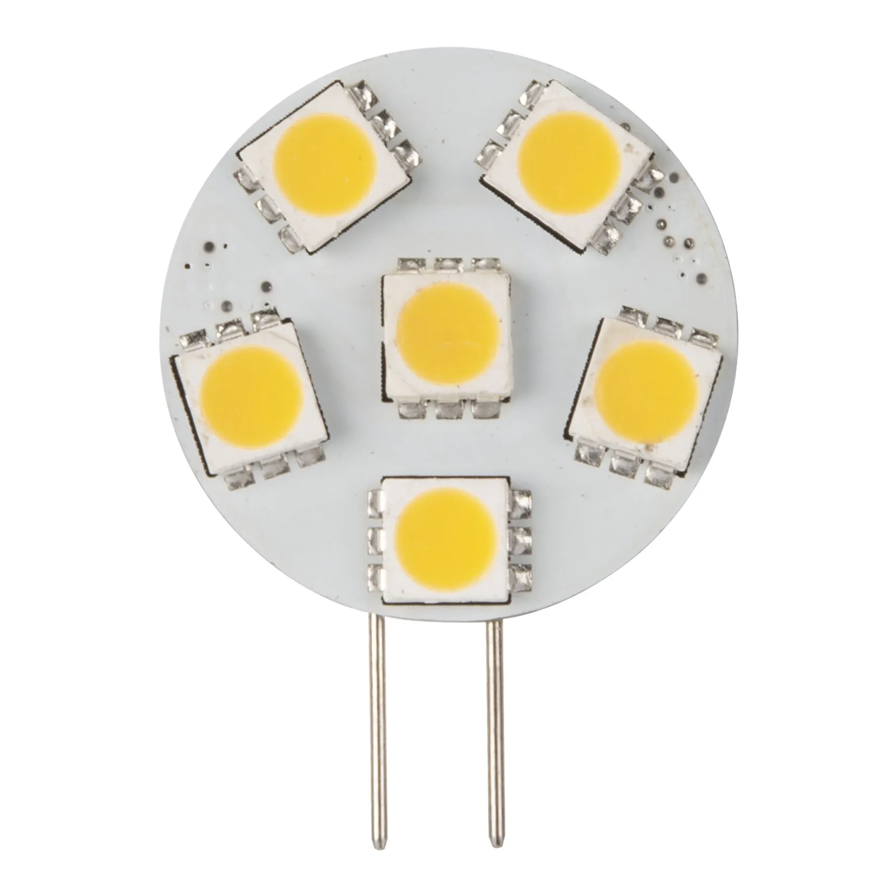 Rundes G4-LED-Flachmodul mit fünf gelben LED-Chips auf weißer Platine und zwei geraden Kontaktstiften
