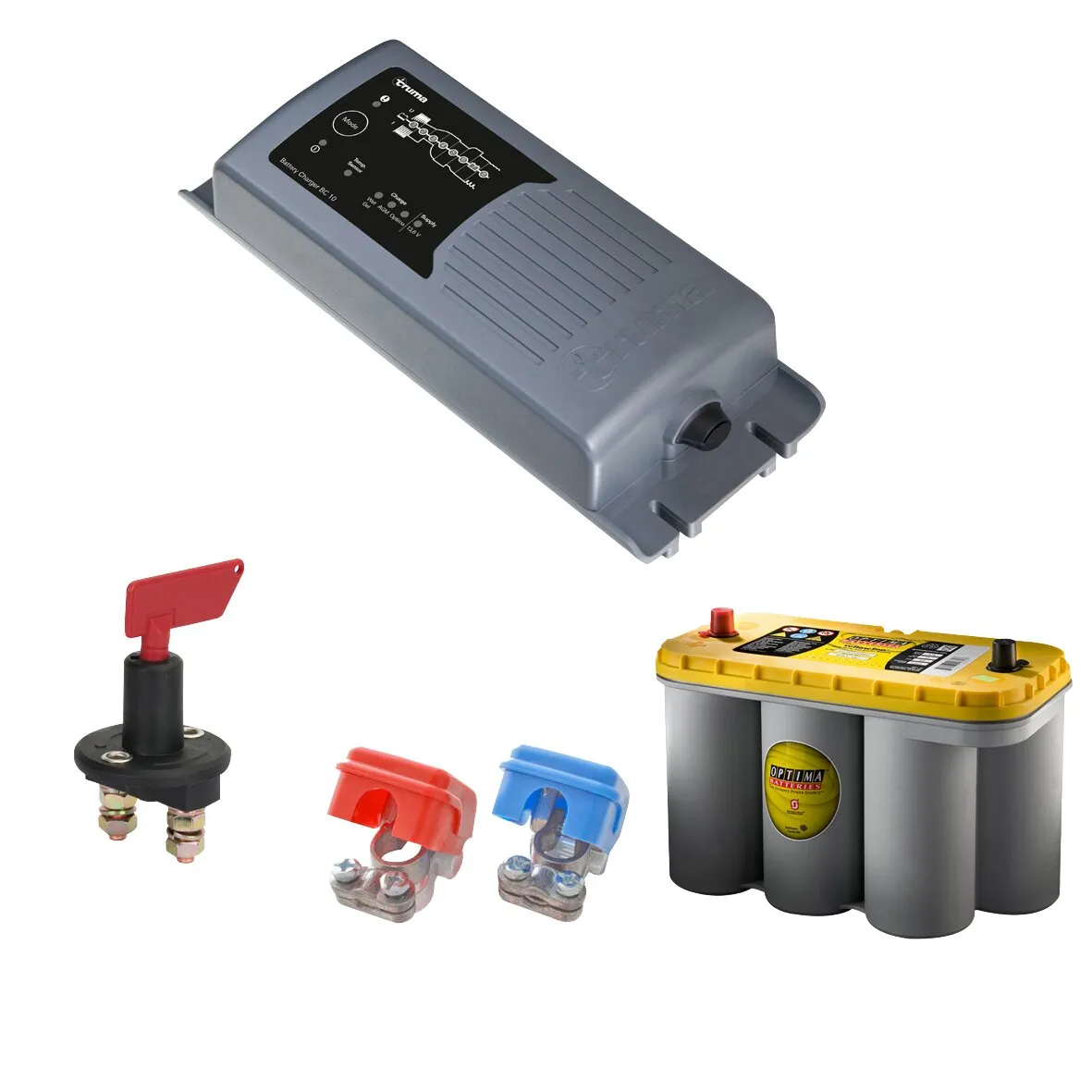Mover PowerSet plus: graues Batterieladegerät, roter Kippschalter, rot und blau isolierte Klemmen, Optima Autobatterie mit gelbem Deckel