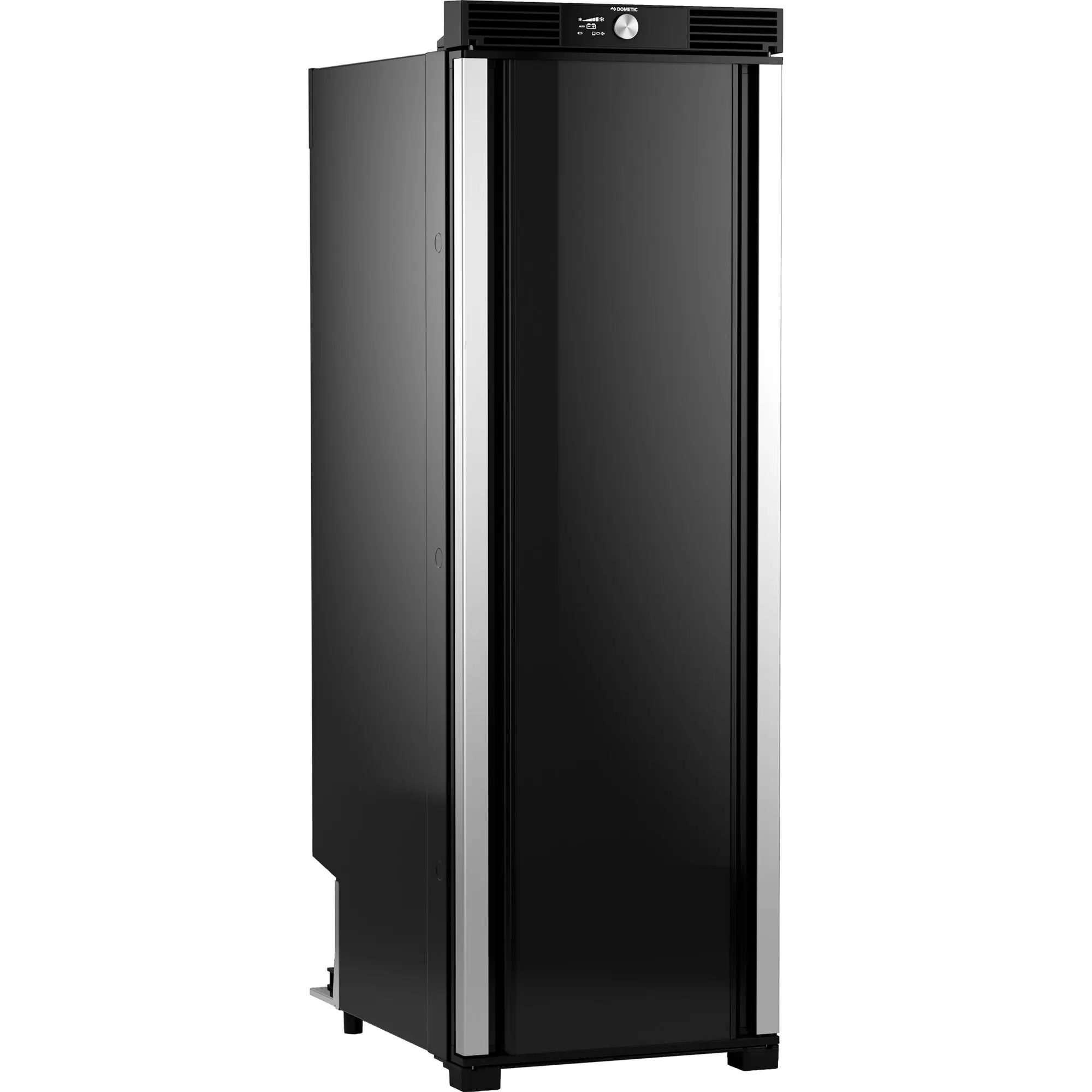 Freistehender Kühlschrank mit schwarzer Front, silbernem Türrahmen und oberem Bedienfeld, Dometic RCL 10.4ET, 157 l Kapazität