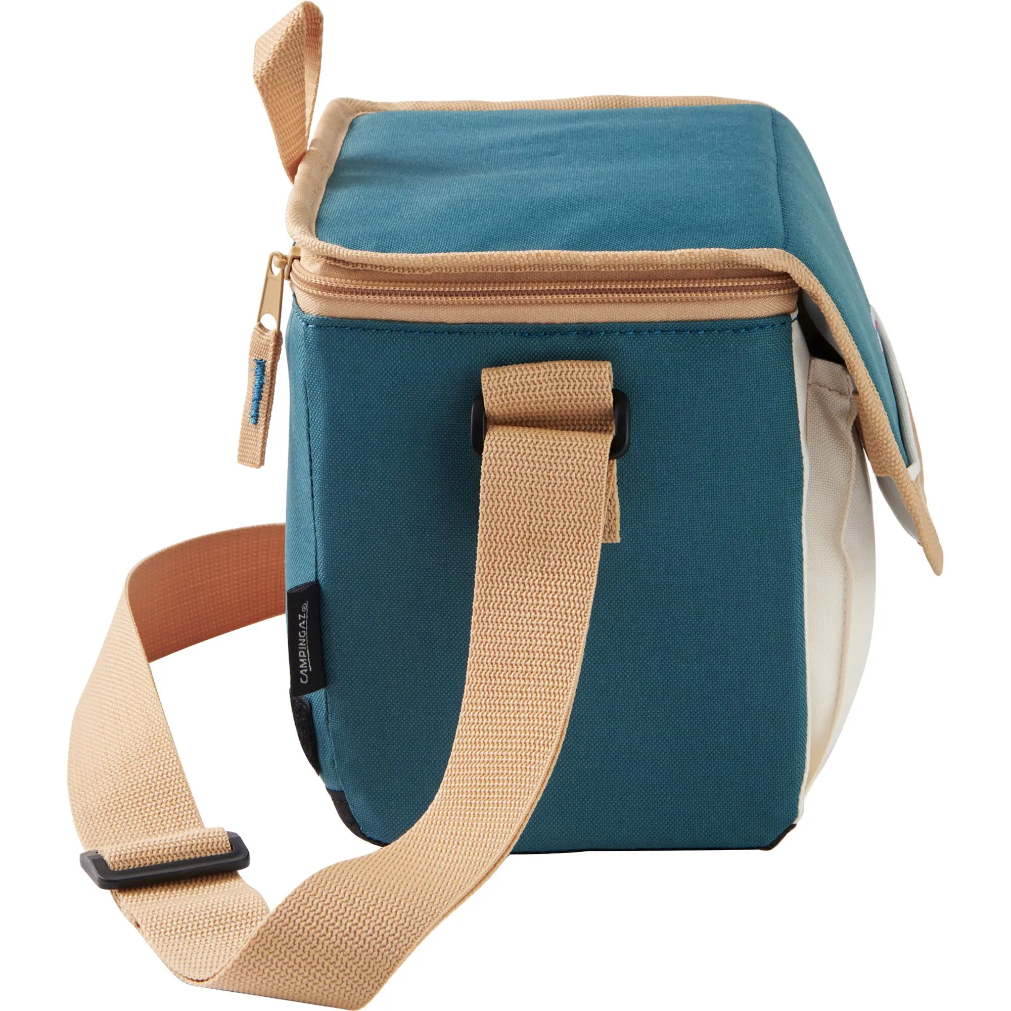 Fold’N Cool Minimaxi 5L Kühltasche in blau mit beigefarbenen Tragegurten, Reißverschluss vorne und robuster Stoffkonstruktion