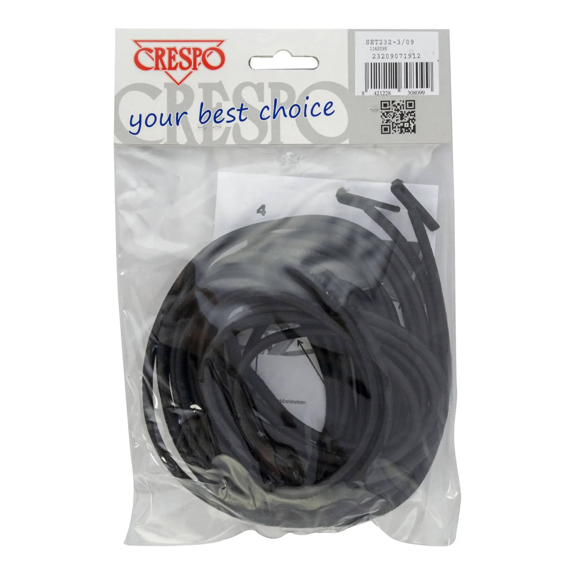 Schwarzes Spanngummi-Set in transparenter Packung; spiralförmiges Gummiband mit Haken, Vorderseite mit Crespo-Logo und dem Schriftzug your best choice