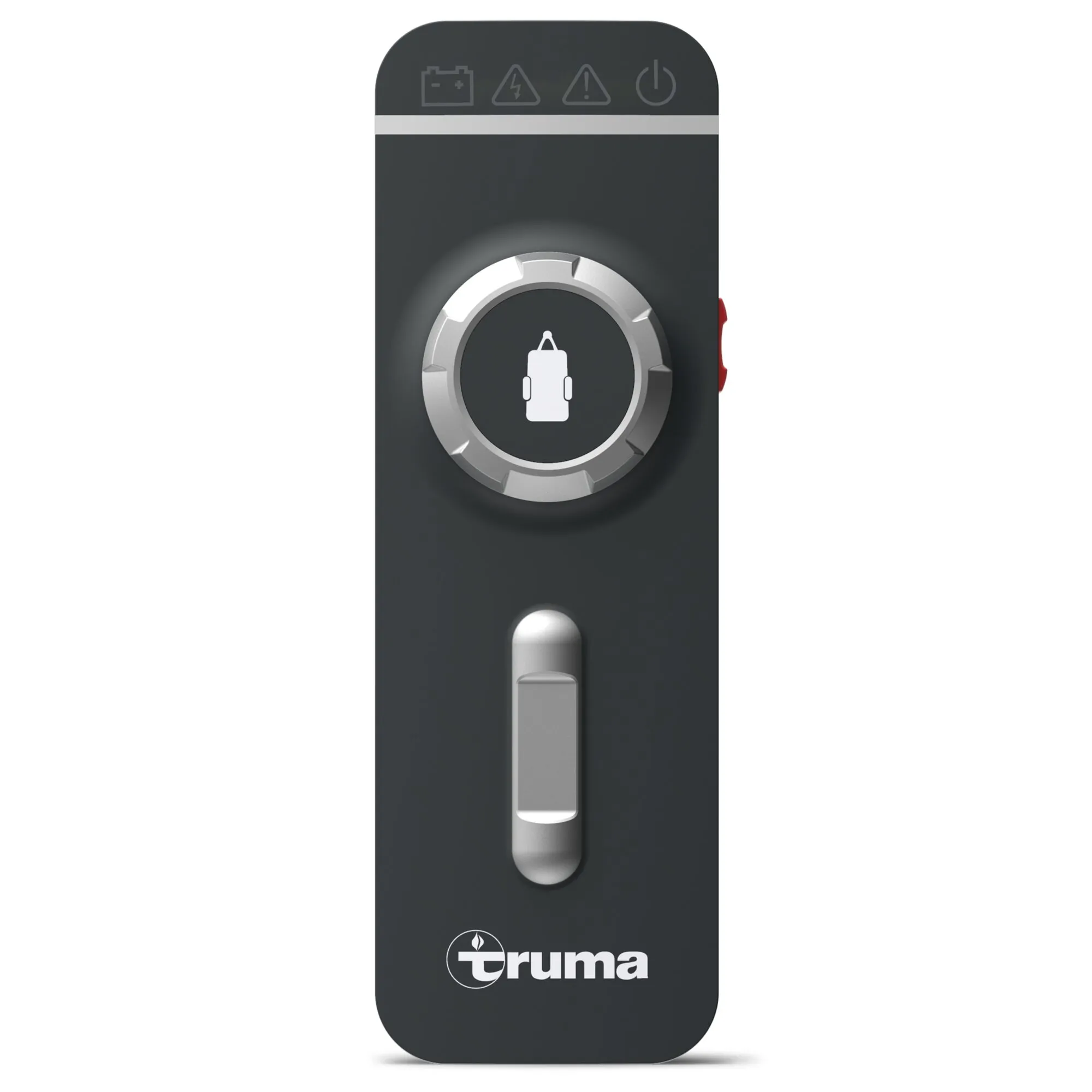 Schwarze Truma-Fernbedienung SX mit silbernem Drehregler, Schiebeschalter, roten Seitentasten und Truma-Logo