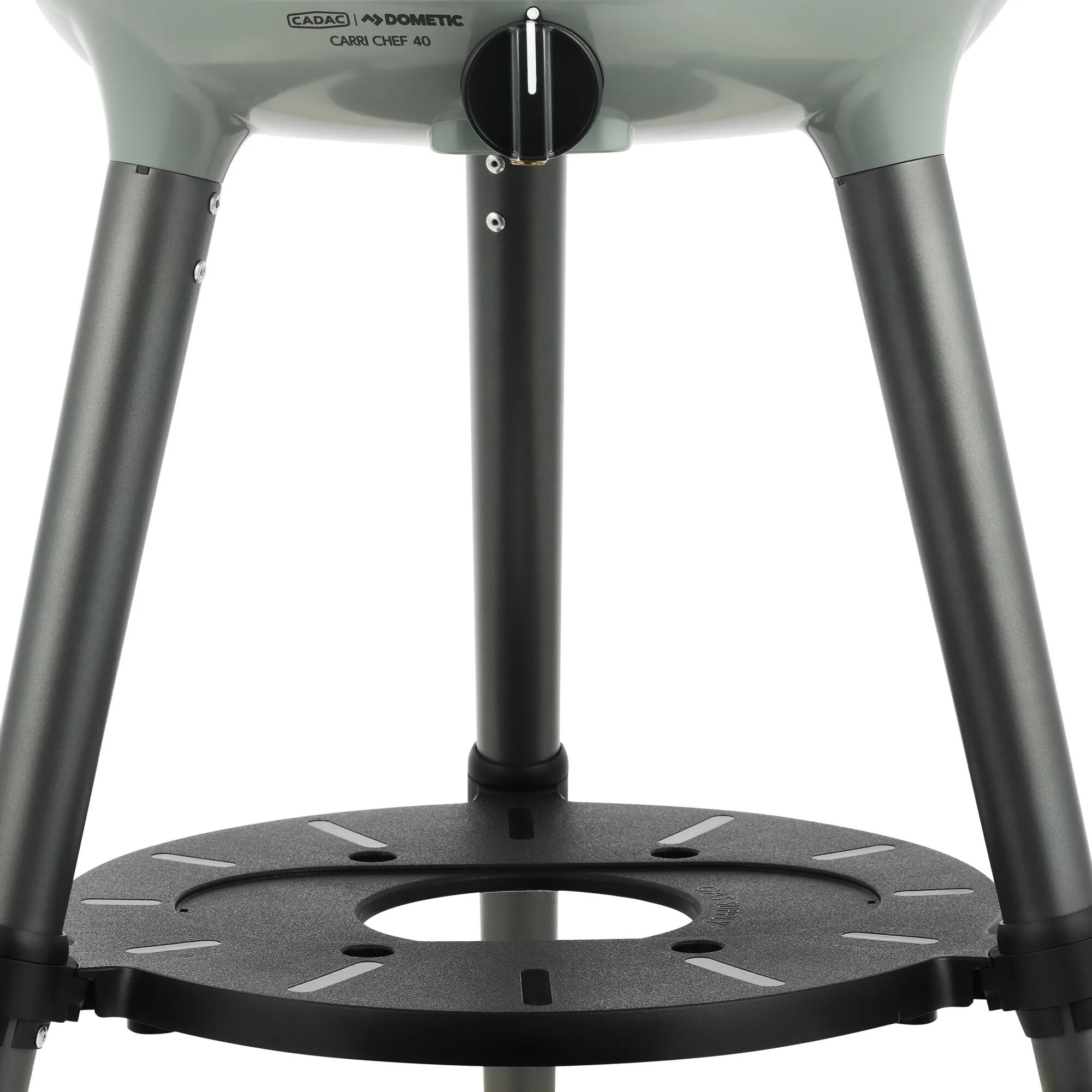 Gasgrill Cadac Dometic Carri Chef 40 in Grau mit schwarzem Bedienknopf, drei Beinen und Ablageplatte in Detailansicht