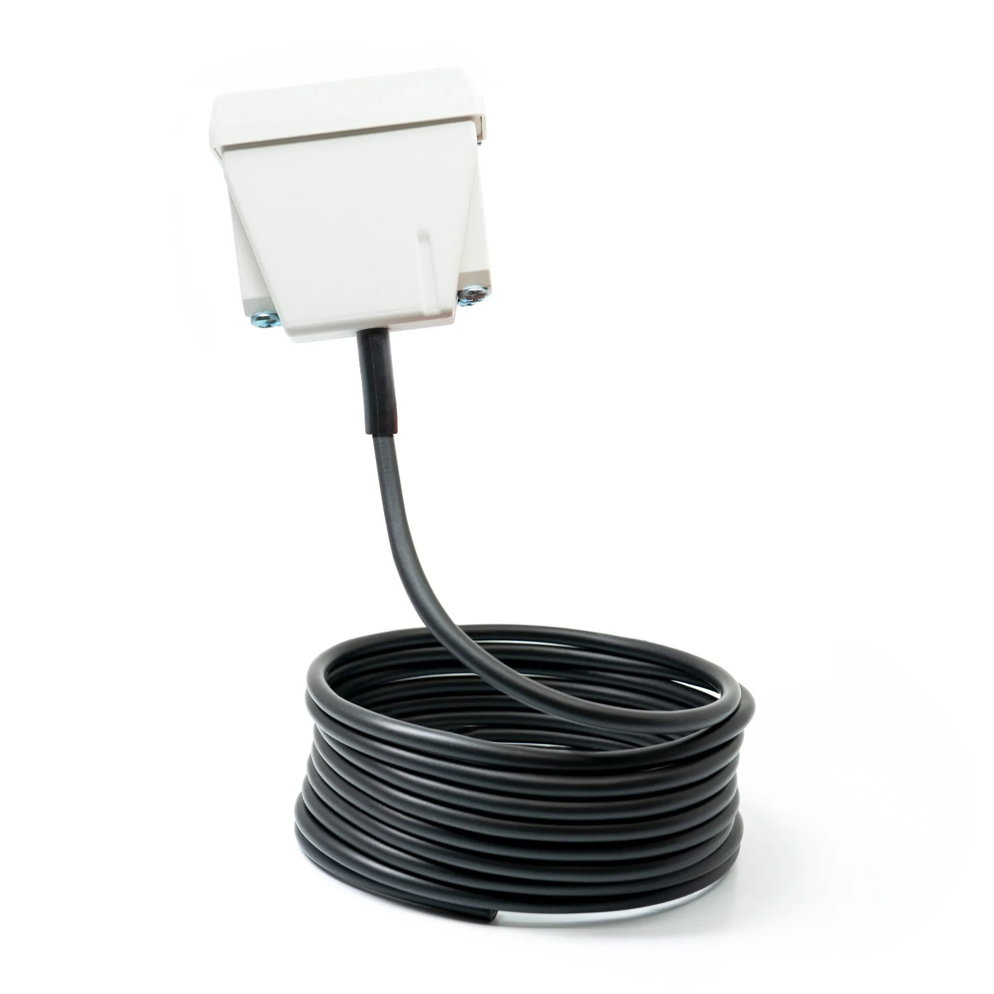 Weiße Funk-Kabelschleife 868 mit schwarzem, aufgewickeltem 2,50-m-Kabel und weißem Anschlussgehäuse für WiPro III