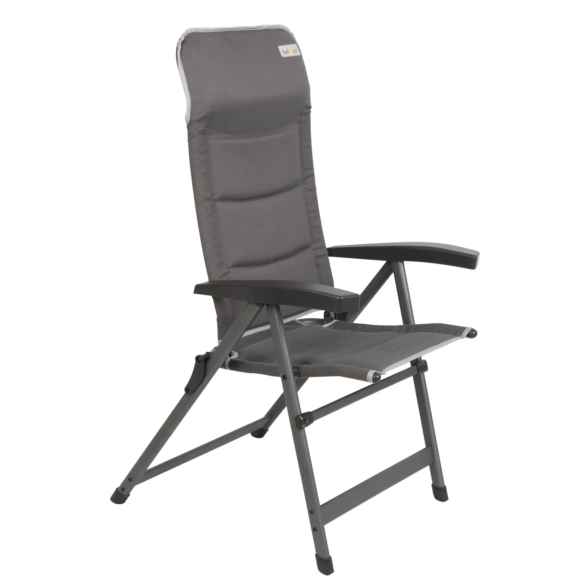 Campingstuhl Theresa in Dunkelgrau mit hoher Rückenlehne, Armlehnen und klappbarem Metallgestell  
