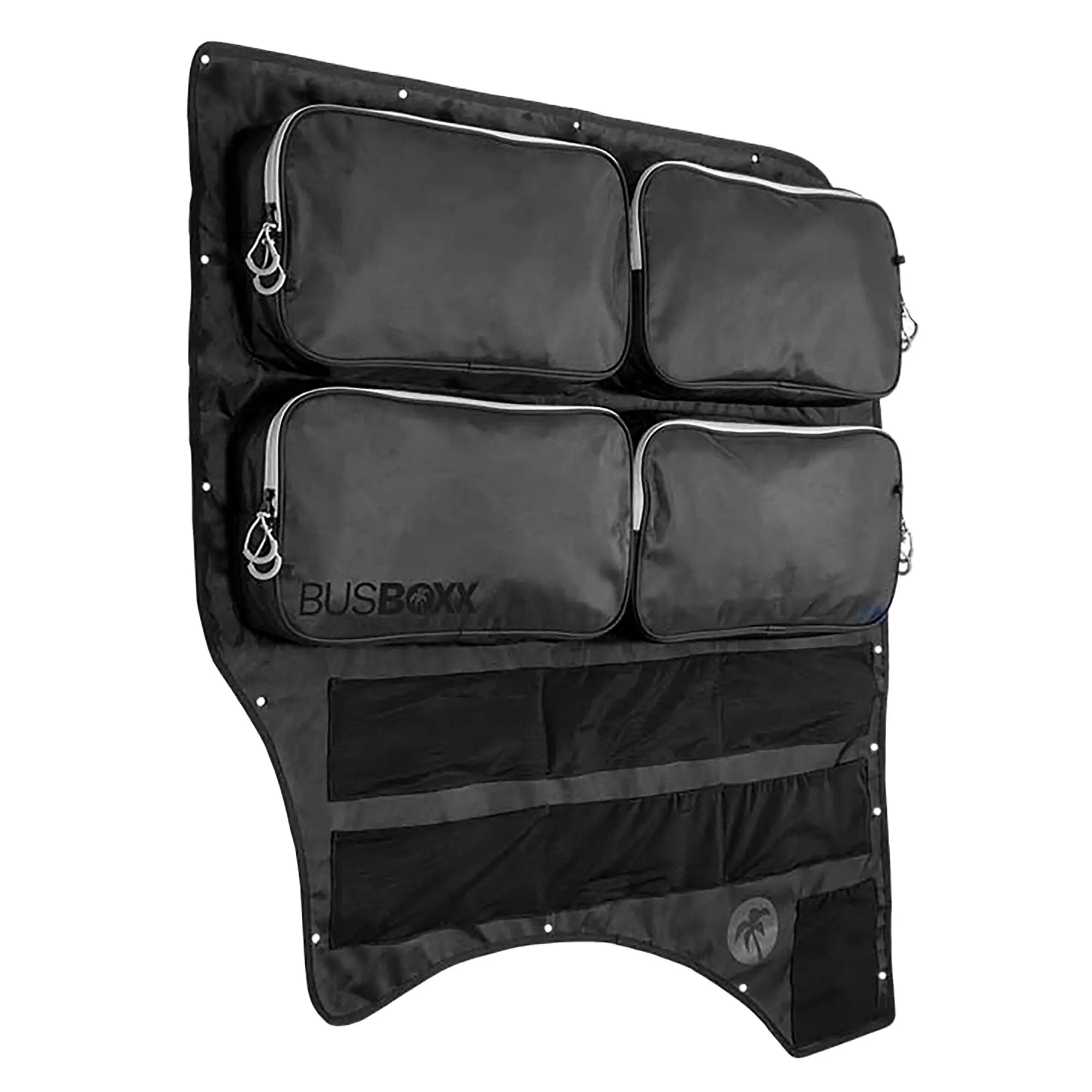 Schwarze Organizer-Tasche mit mehreren Reißverschluss-Taschen unterschiedlicher Größe, weiße Ränder, Ösen am Rand, Logo BUSBOX sichtbar