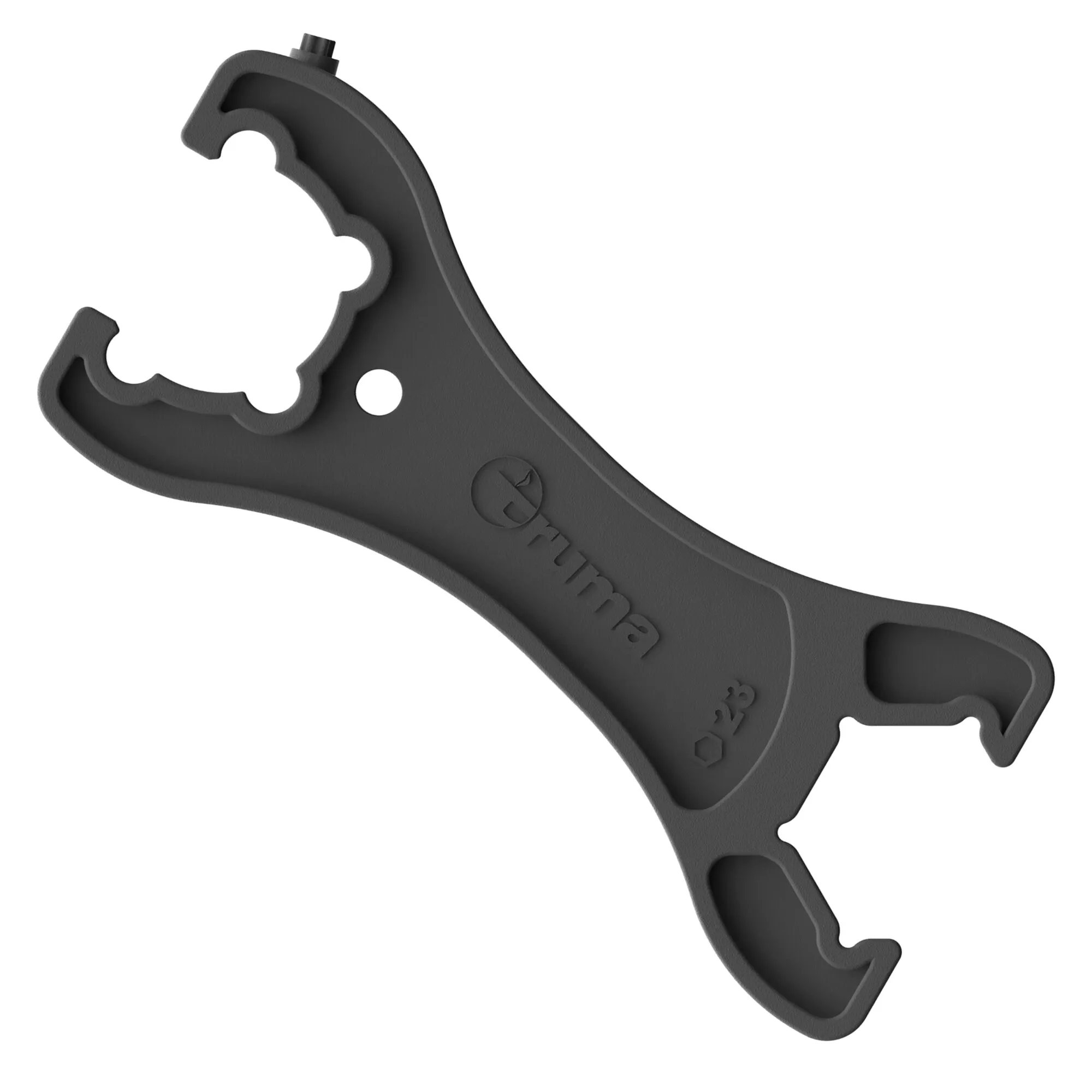 Schwarze Schraubhilfe SW 23/KF mit mehreren offenen Schlüsselaufnahmen, zentraler Bohrung und länglichem Griff