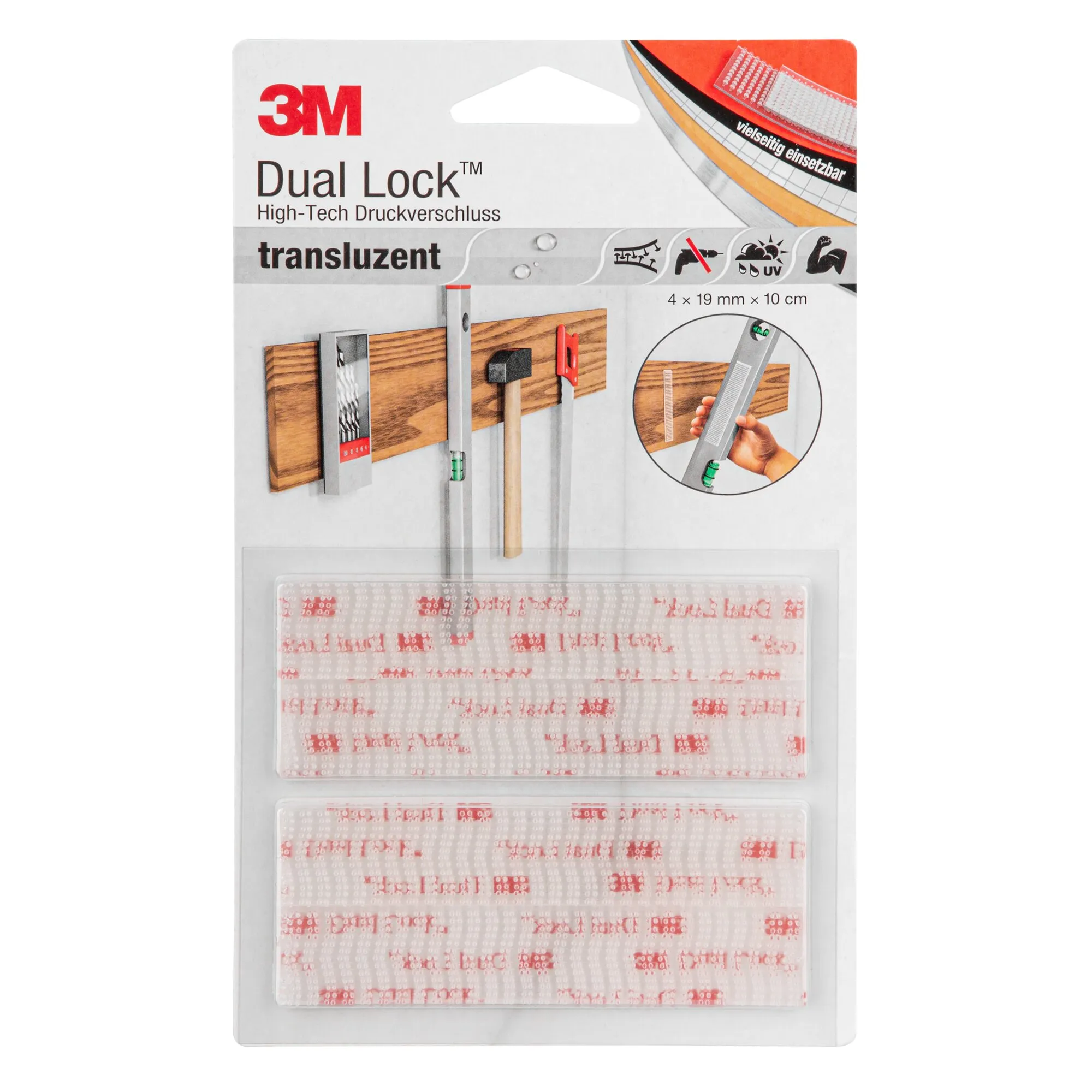 3M Dual Lock High-Tech Druckverschluss in Transluzenz, Verpackung mit zwei Klettstreifen und Anwendung an einer Werkzeughalterung, 4 × 19 mm × 10 cm
