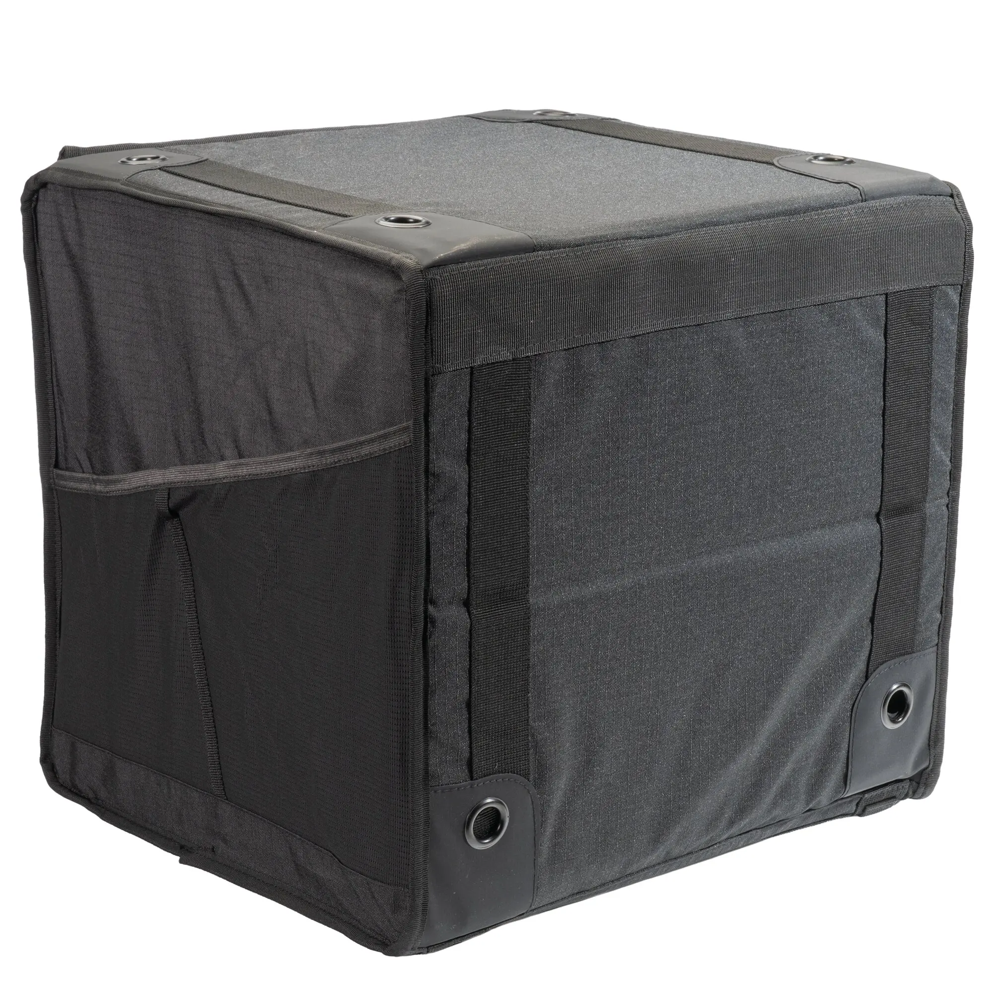 Schwarzes rechteckiges Staufach wallBOXX S aus robustem Gewebe, mit seitlicher Tasche, verstärkten Ecken und Metallösen an der Oberseite