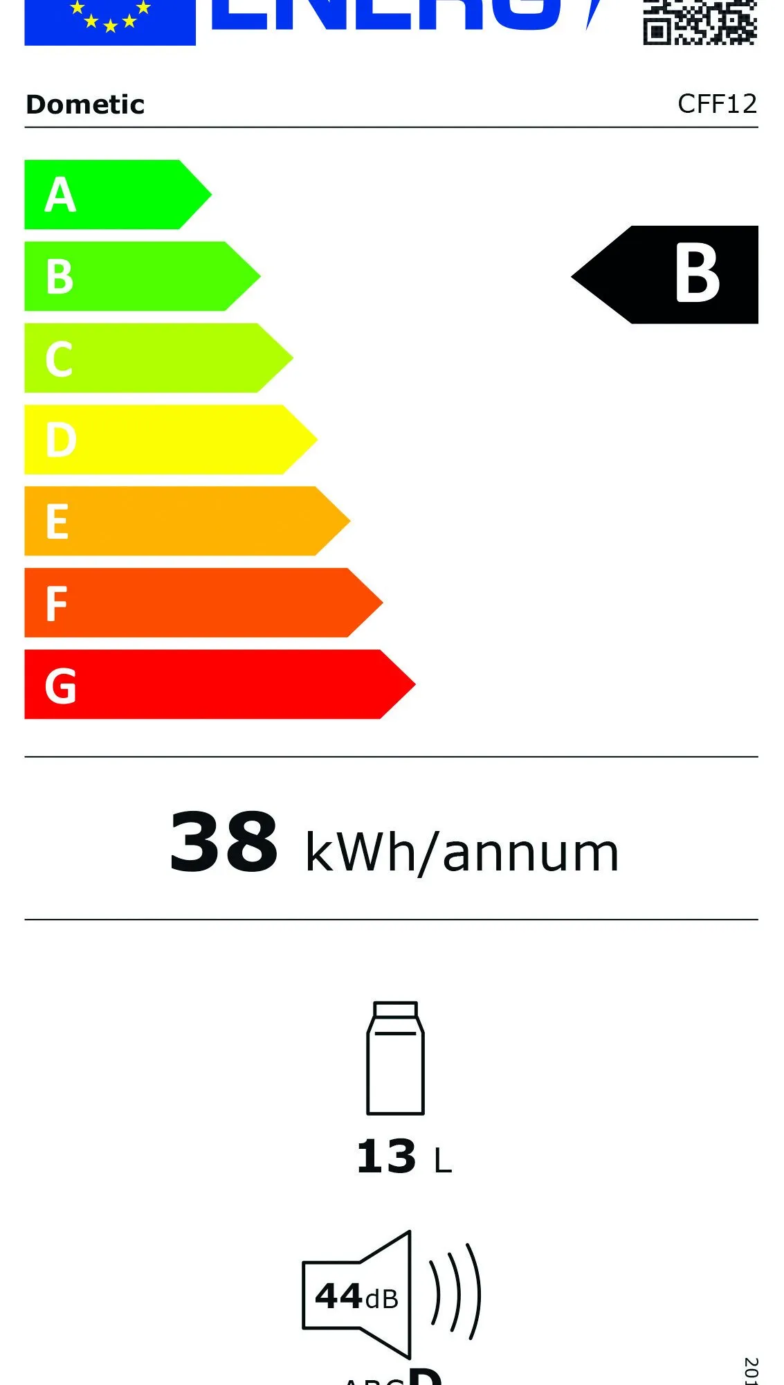 Energieeffizienzlabel der Dometic CFF12 Kühlbox: Energieeffizienzklasse B, 38 kWh/Jahr, 13 Liter und 44 dB