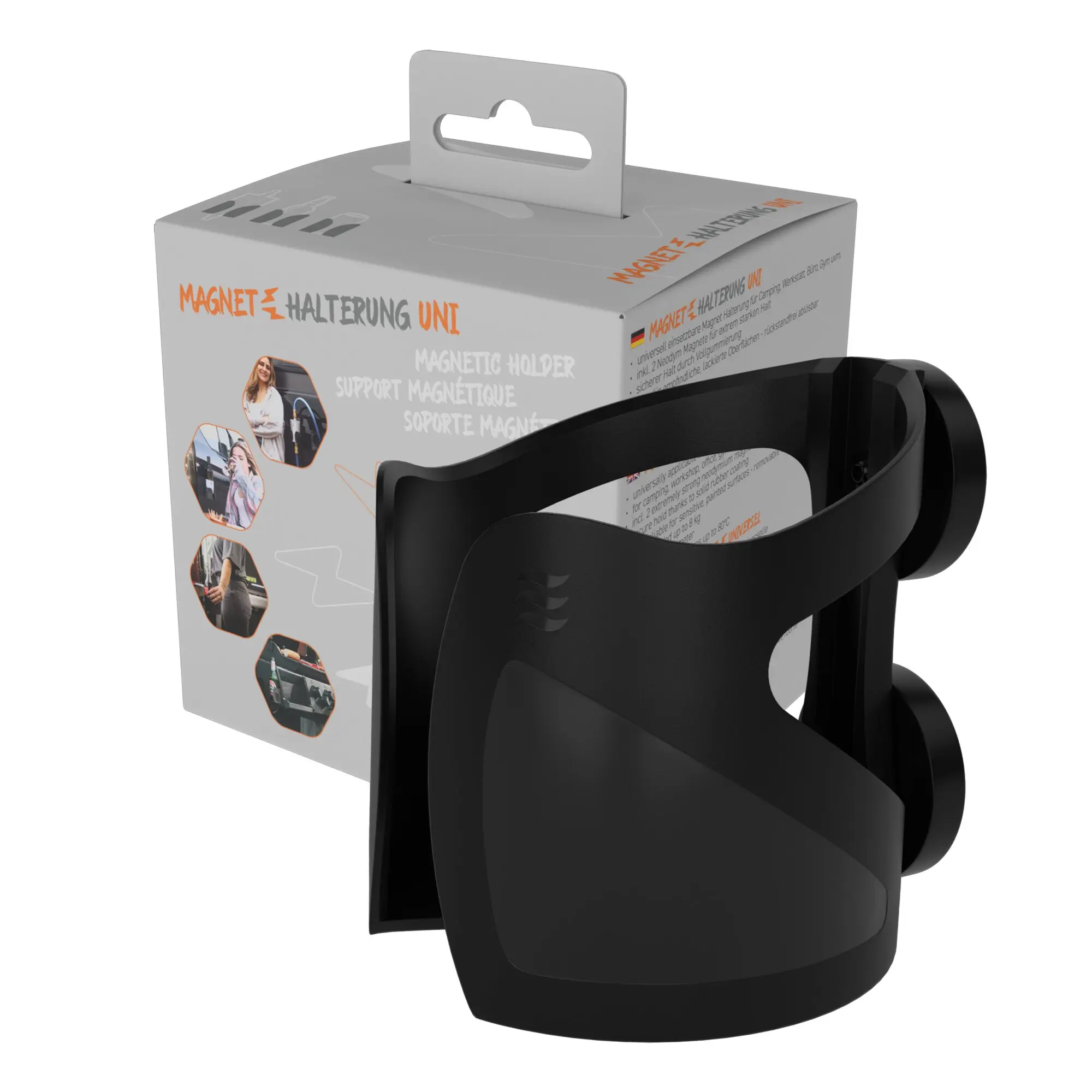 Verpackung der Magnethalterung UNI: graue Box mit orangefarbener Aufschrift MAGNET HALTERUNG UNI, links sichtbare Mini-Bilder und ein schwarzer Halterungsteil