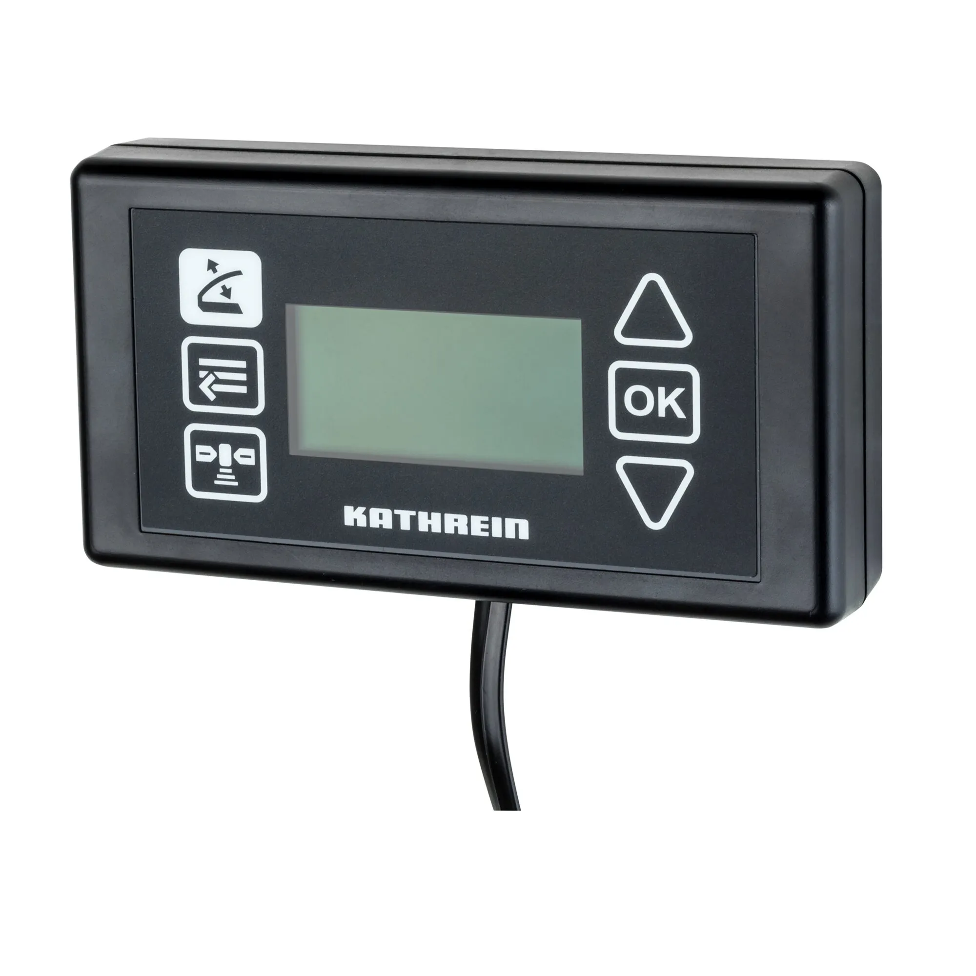 Schwarzes Kathrein-Bedienteil HDS 50 für CAP-Konverter mit LCD-Anzeige, sechs Bedientasten und angeschlossenem Kabel