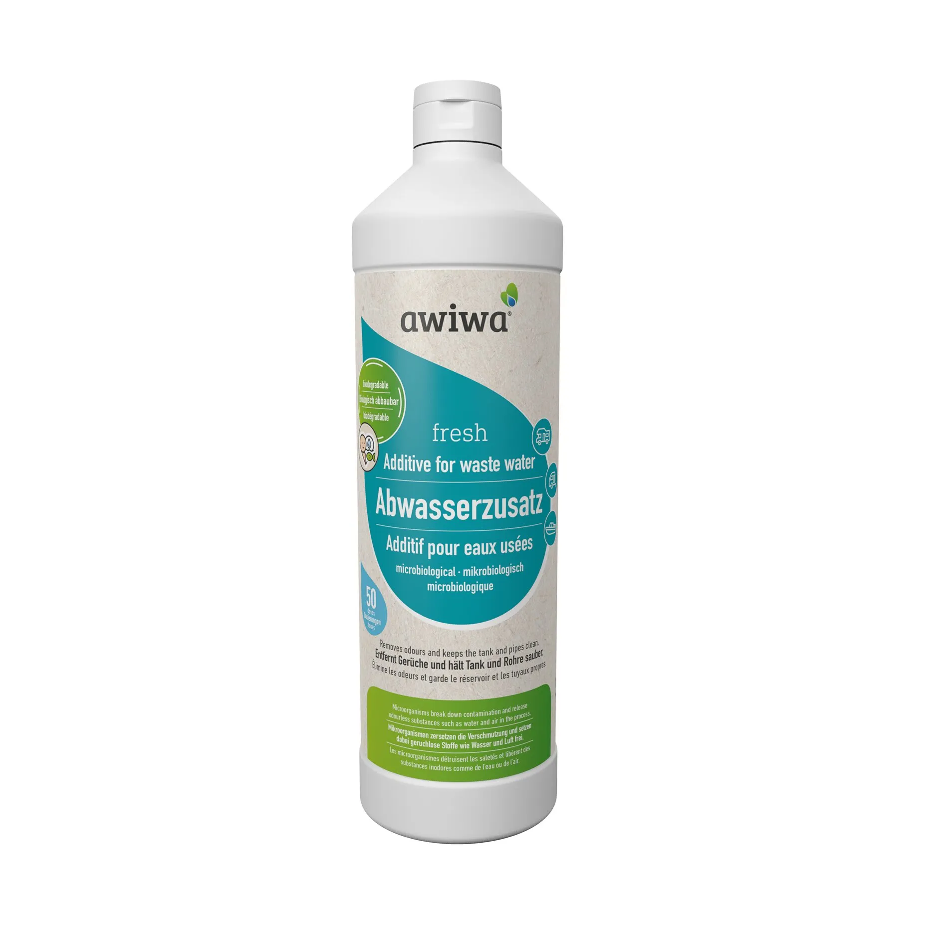 Weiße 1-Liter-Flasche von awiwa mit türkisfarbenem Etikett: Abwasserzusatz fresh, mikrobiologisch, für Tank und Rohre