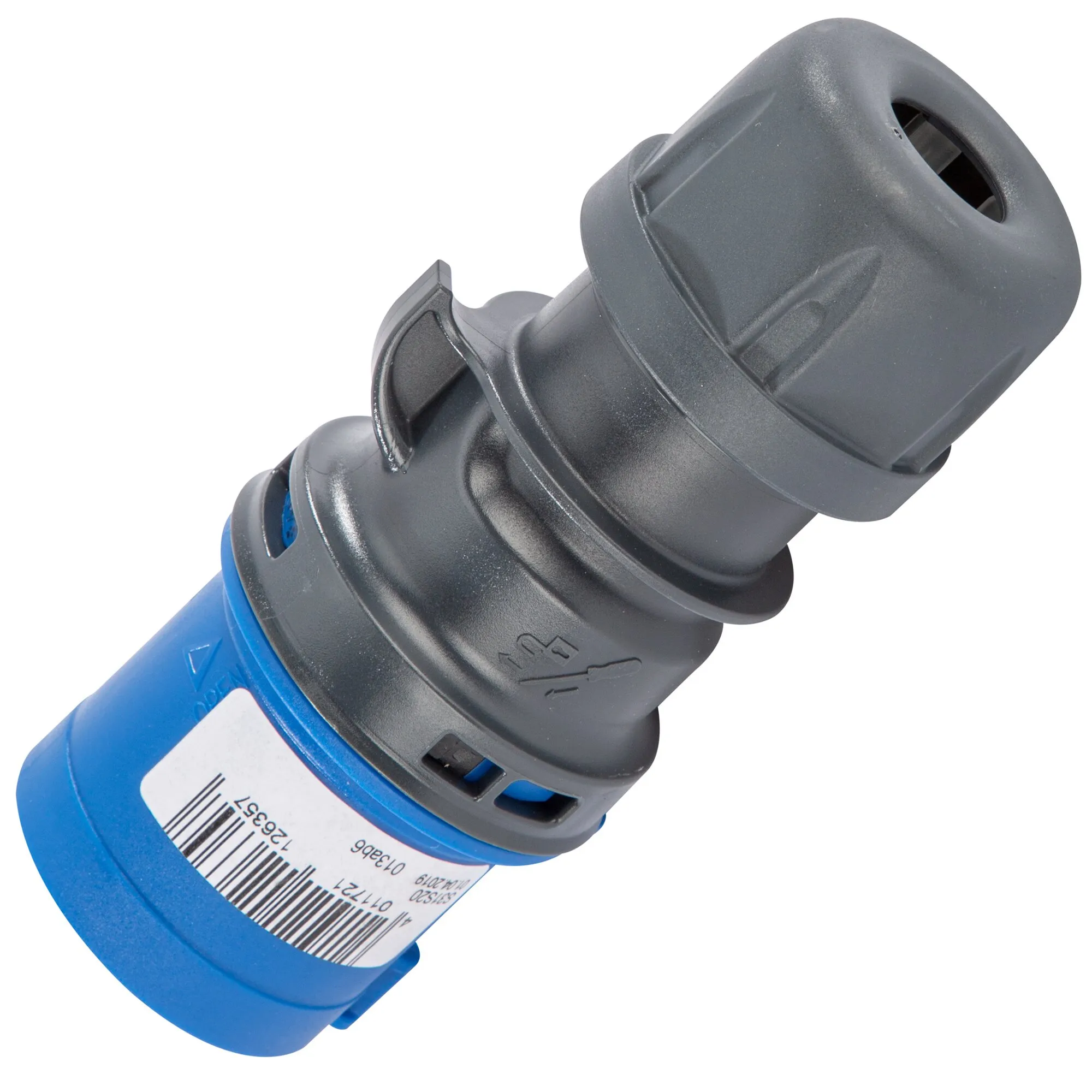 Blauer CEE-Stecker mit schwarzem, drehbarem Schutzdeckel und robustem Kunststoffgehäuse in Detailaufnahme