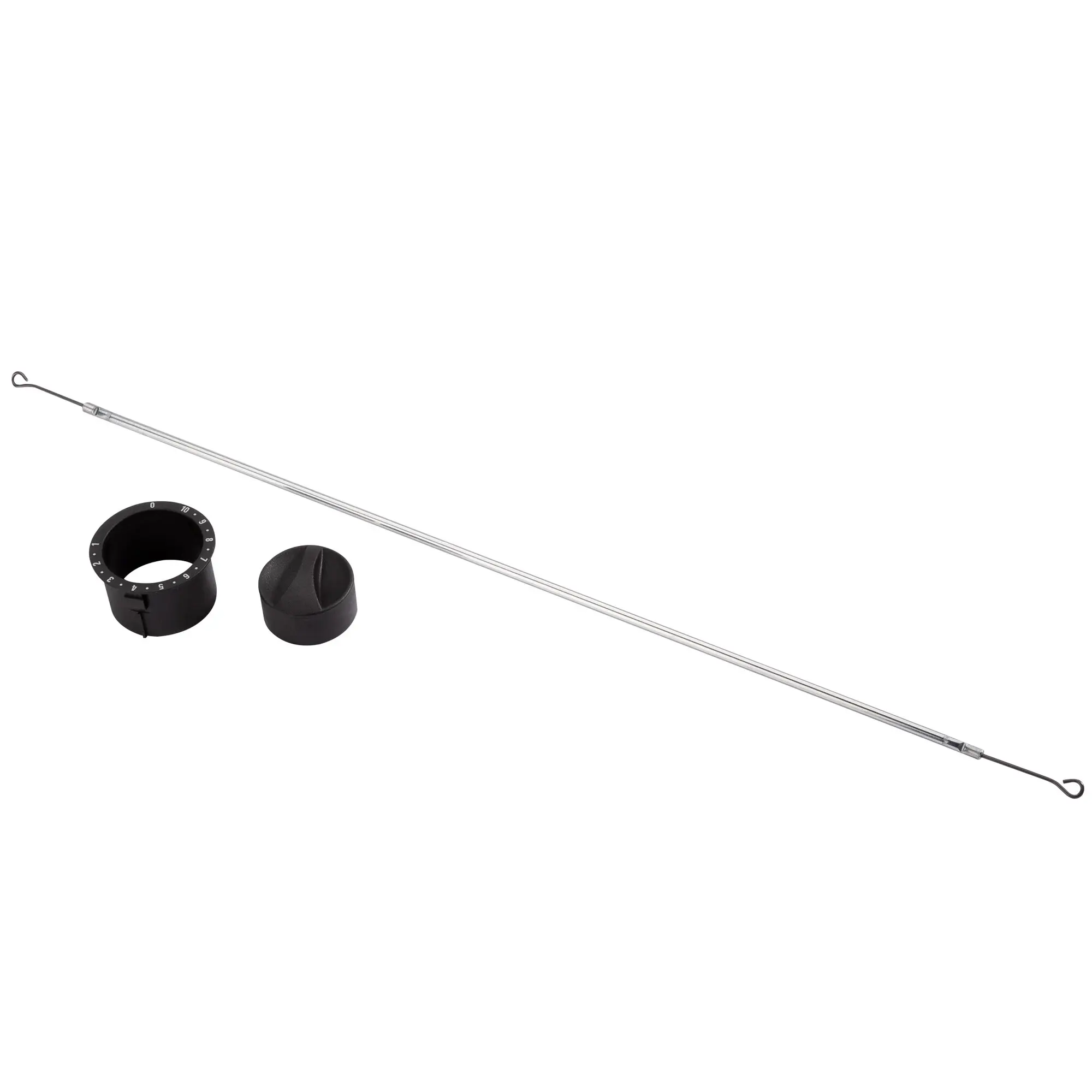 Bedienungsset S 5002: langes Edelstahlseil mit Haken am Ende; daneben mehrere schwarze Kunststoffteile, darunter ein Ring mit Skala 0–9 und zwei weitere runde Bauteile