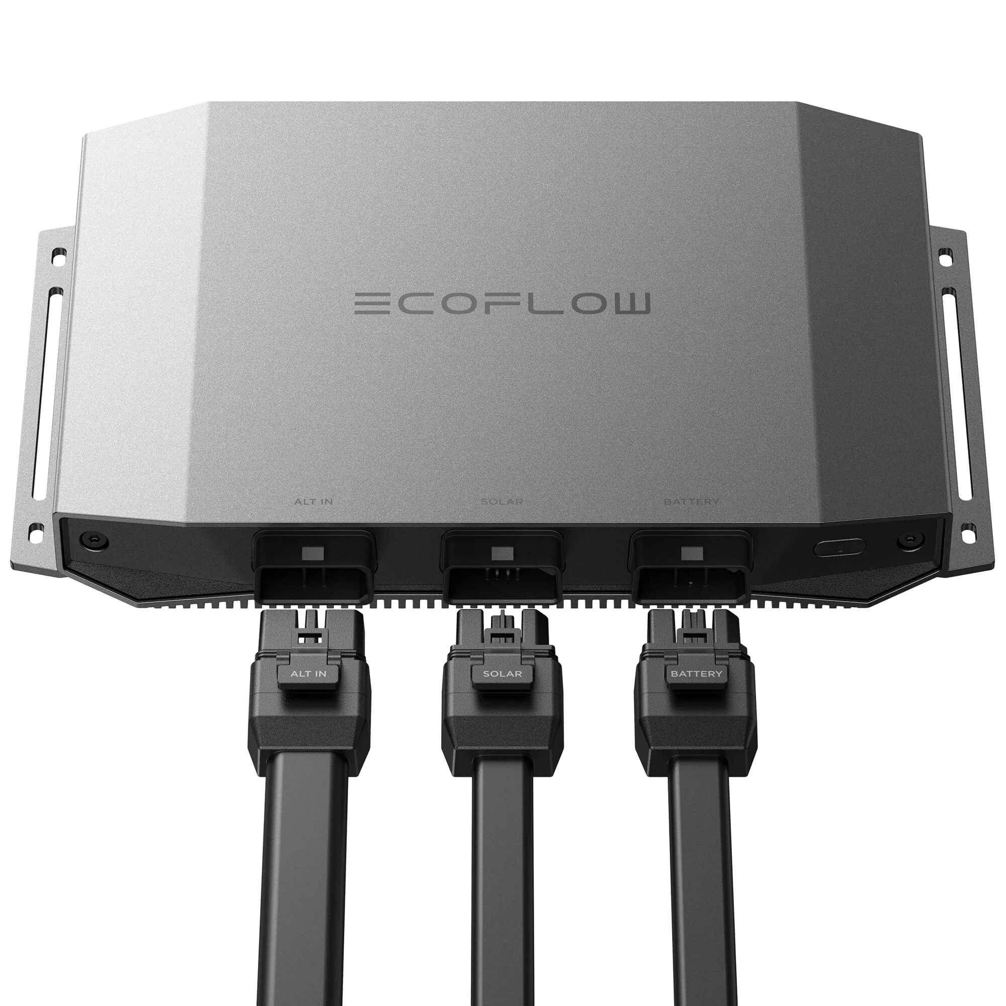 EcoFlow Alternator Charger Plus 1000 in grauem Metallgehäuse mit Anschlüssen für Lichtmaschine, Solar und Batterie sowie Kabeln