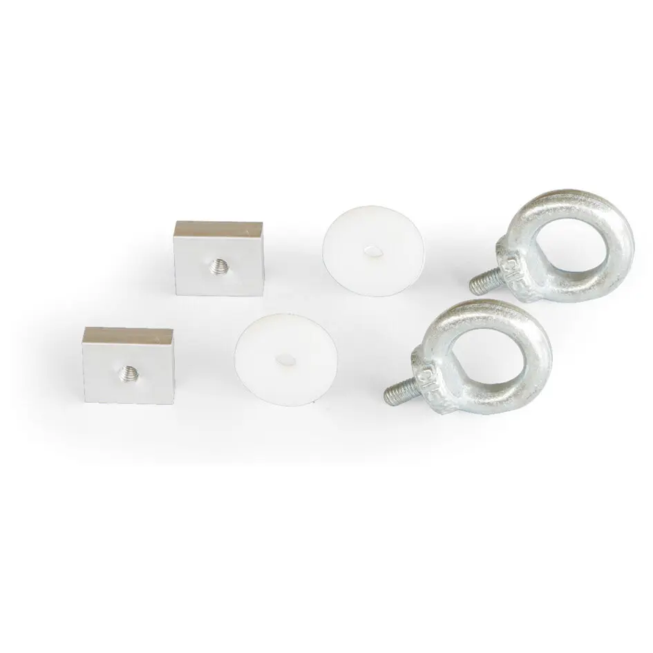 Set Eye Halterungen mit zwei Augenbolzen, zwei rechteckigen Metallblöcken mit Innengewinde und zwei weißen Unterlegscheiben mit Loch