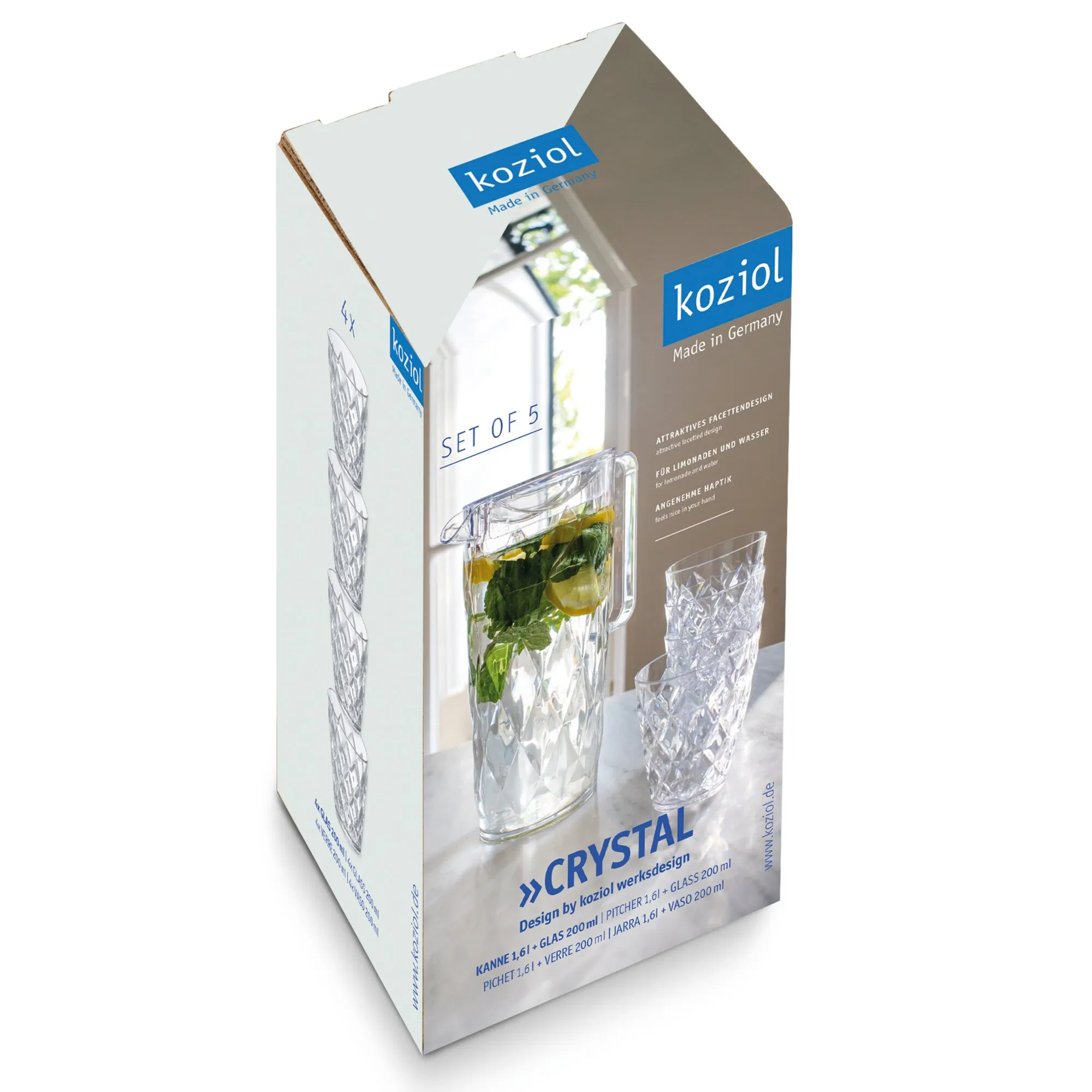 Verpackung der Kanne CRYSTAL von Koziol mit vier facettierten Bechern und einer Kanne mit Zitronen-Minz-Getränk