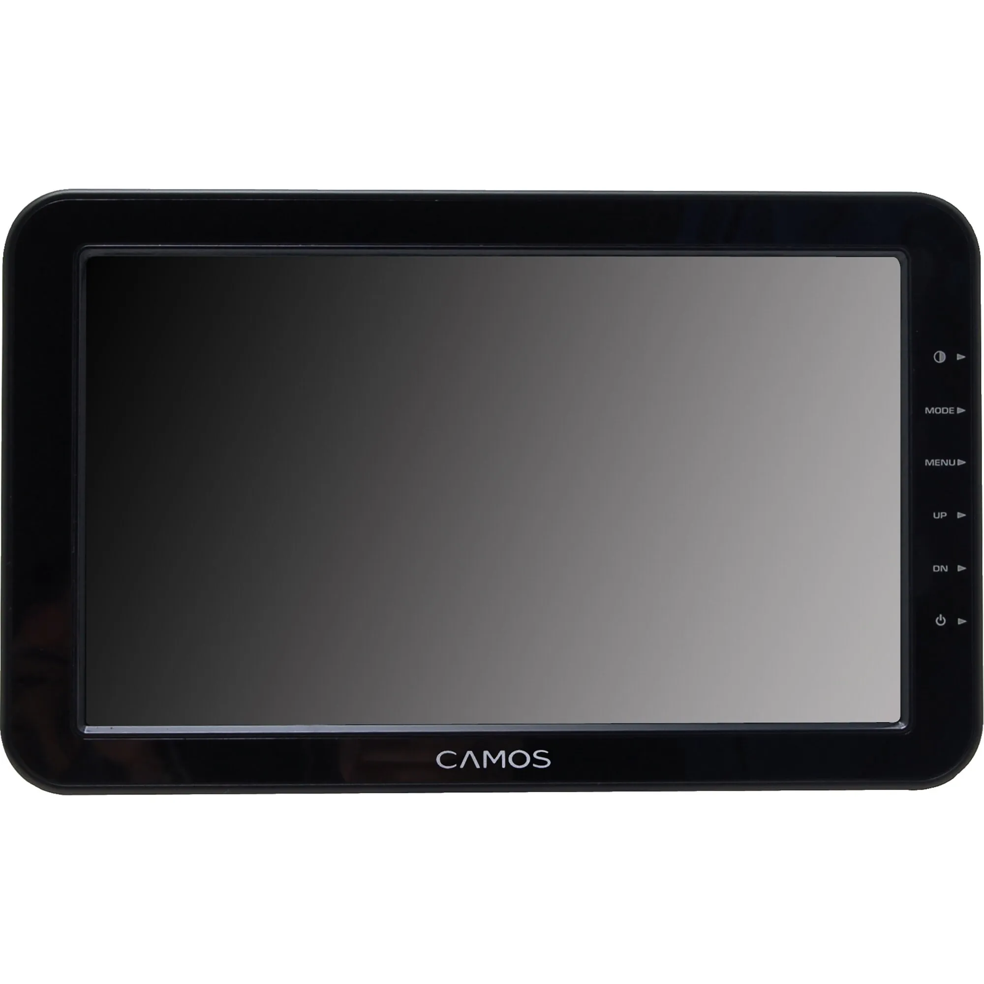 Schwarzer Camos-Rear-View-Monitor CM-720 mit großem Bildschirm und seitlichen Bedientasten, Frontalansicht