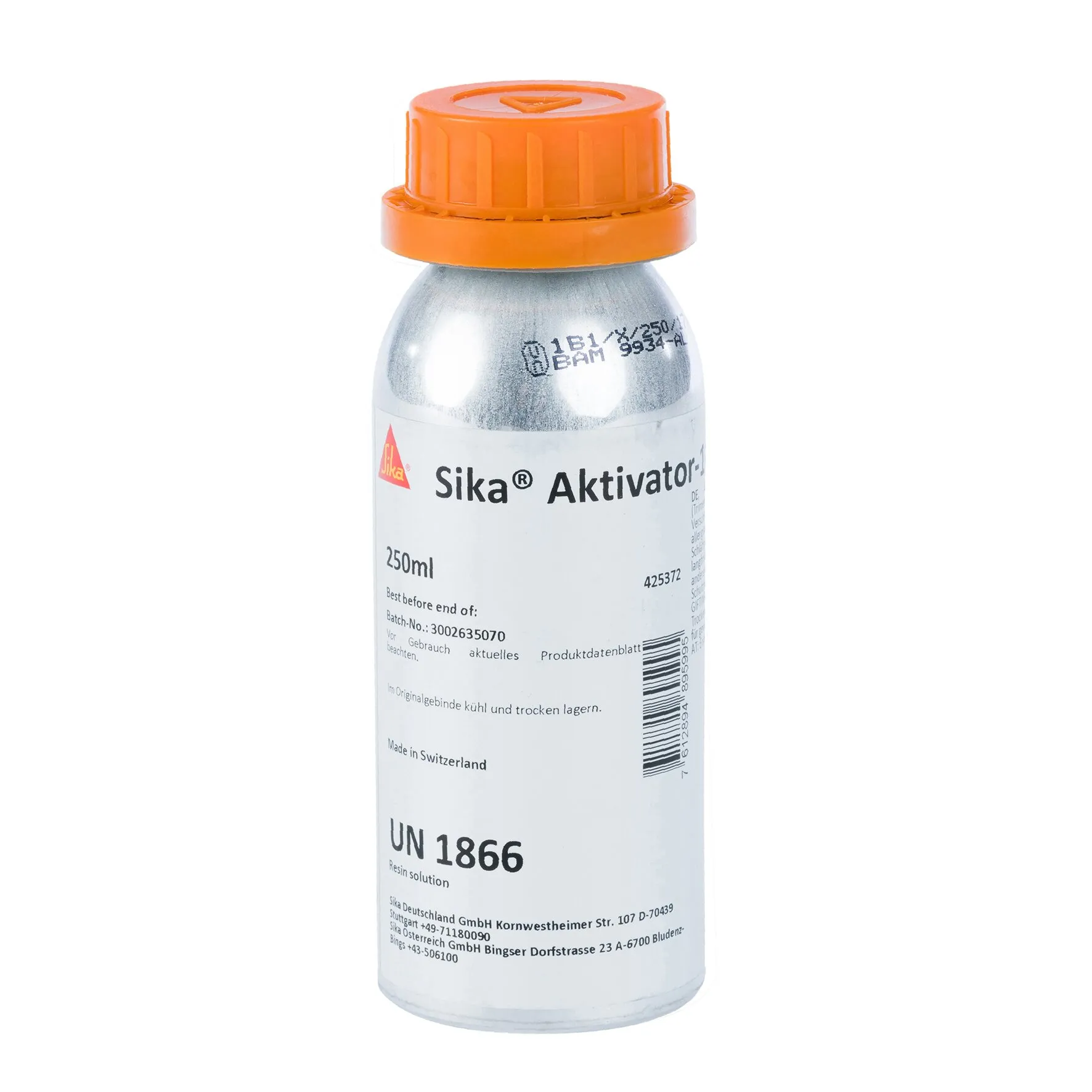 Sika Aktivator-100 Haftreiniger in silberner 250-ml-Flasche mit orangefarbenem Schraubverschluss, UN 1866 gekennzeichnet