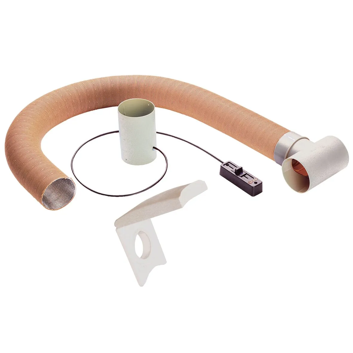 Vorzelt-Warmluftset mit flexiblem Warmluftschlauch, Anschlussbogen, Metallhülse, Kabelschalter und Befestigungshalterung