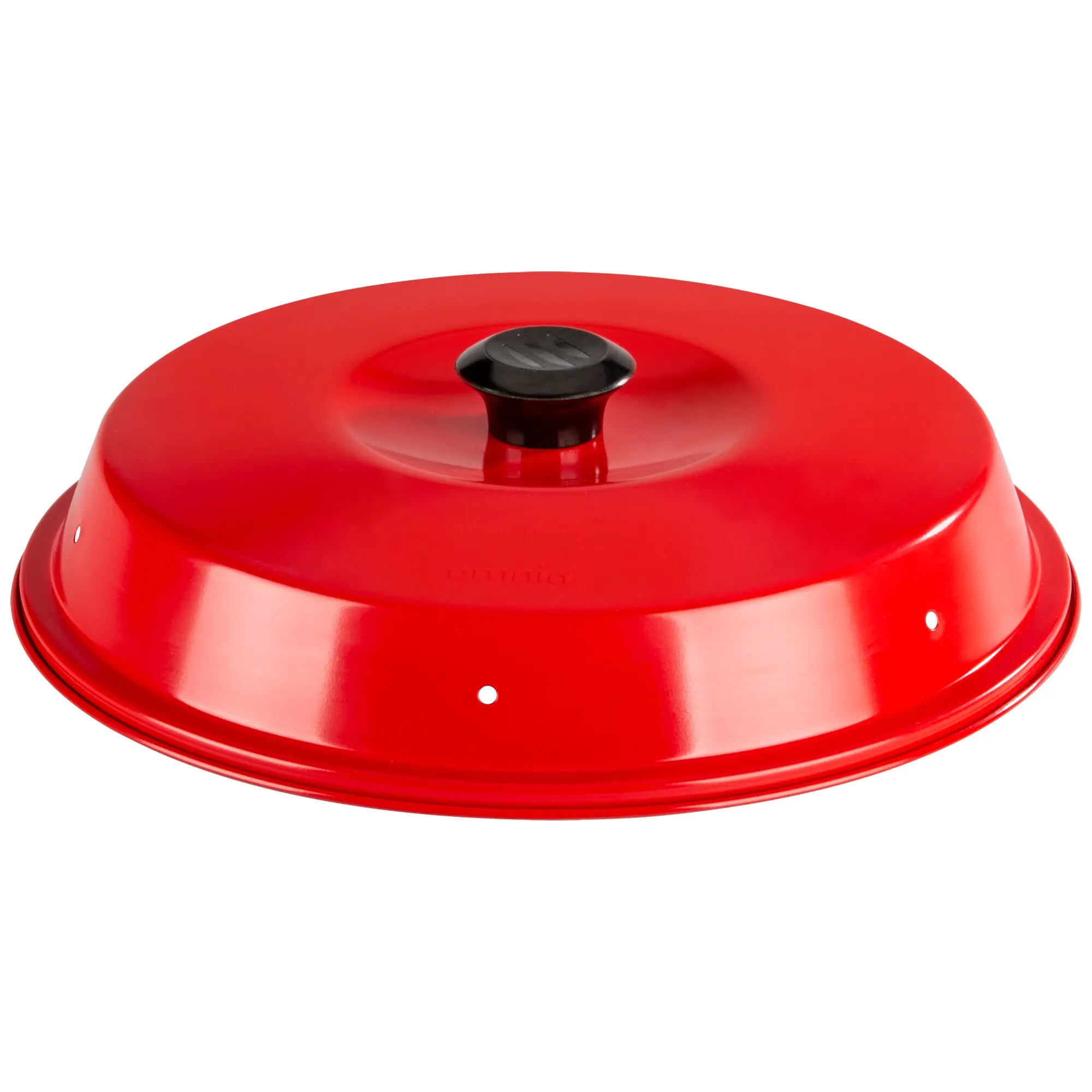 roter emaillierter Topfdeckel mit schwarzem runden Deckelknopf, glänzende Oberfläche und sichtbaren Lüftungslöchern am Rand