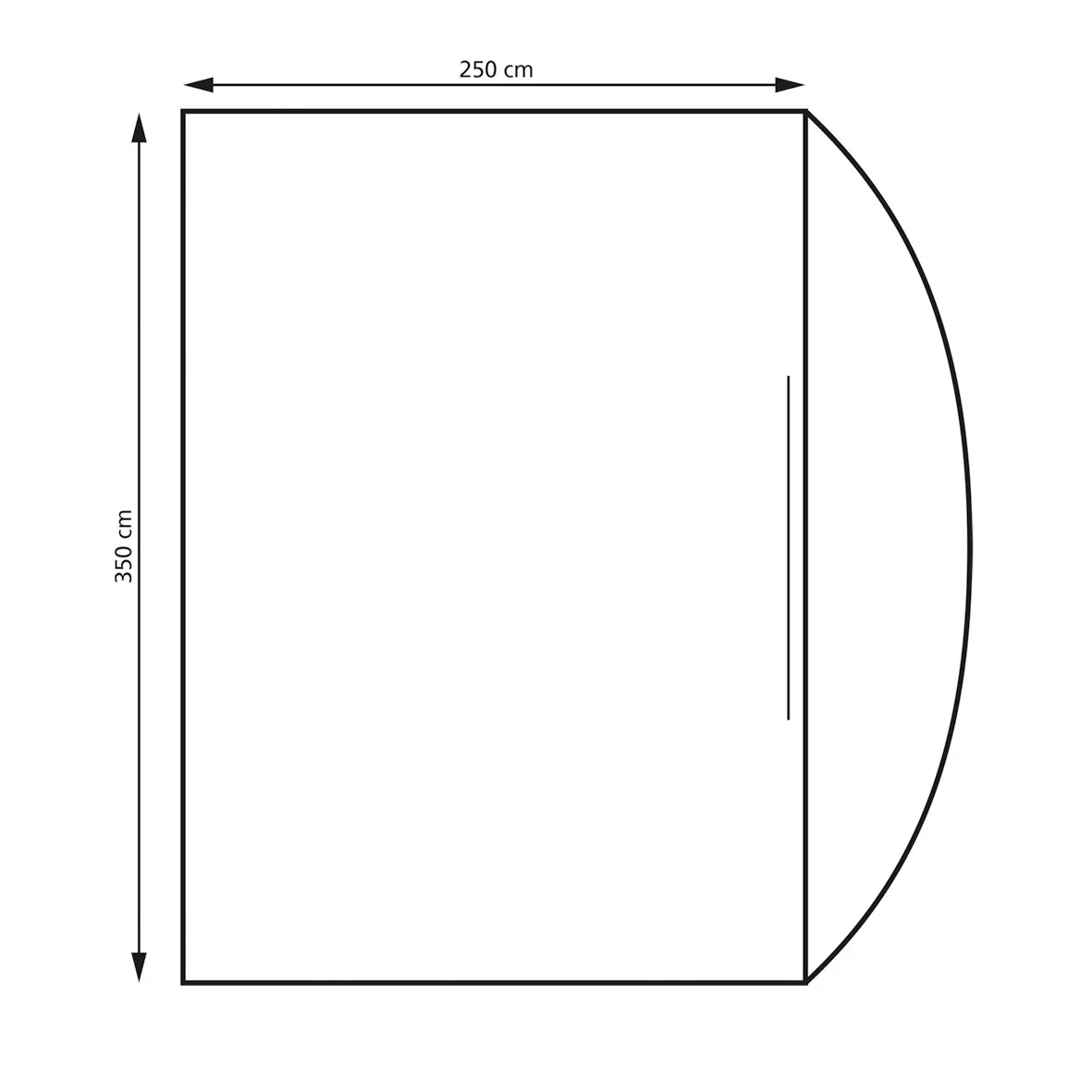Grundriss des Teilzelts Siena mit rechteckiger Fläche, gebogener Front und Maßen von 250 cm Breite und 350 cm Länge