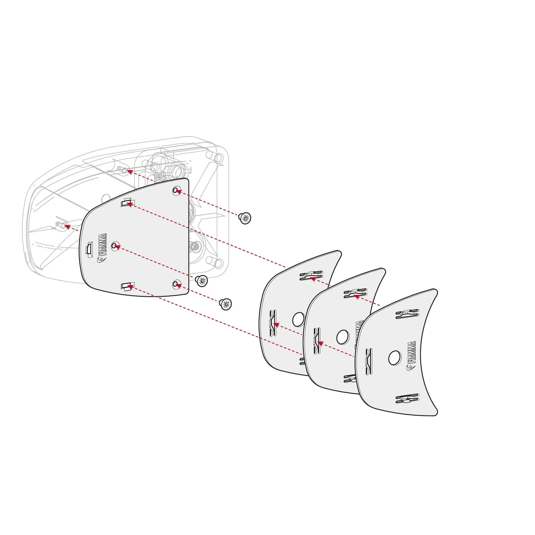 Technische Montageillustration des Abstandshalter-Kits Spacer Safe Door mit drei grauen Distanzplatten und Befestigungsschrauben an einer Safe-Tür