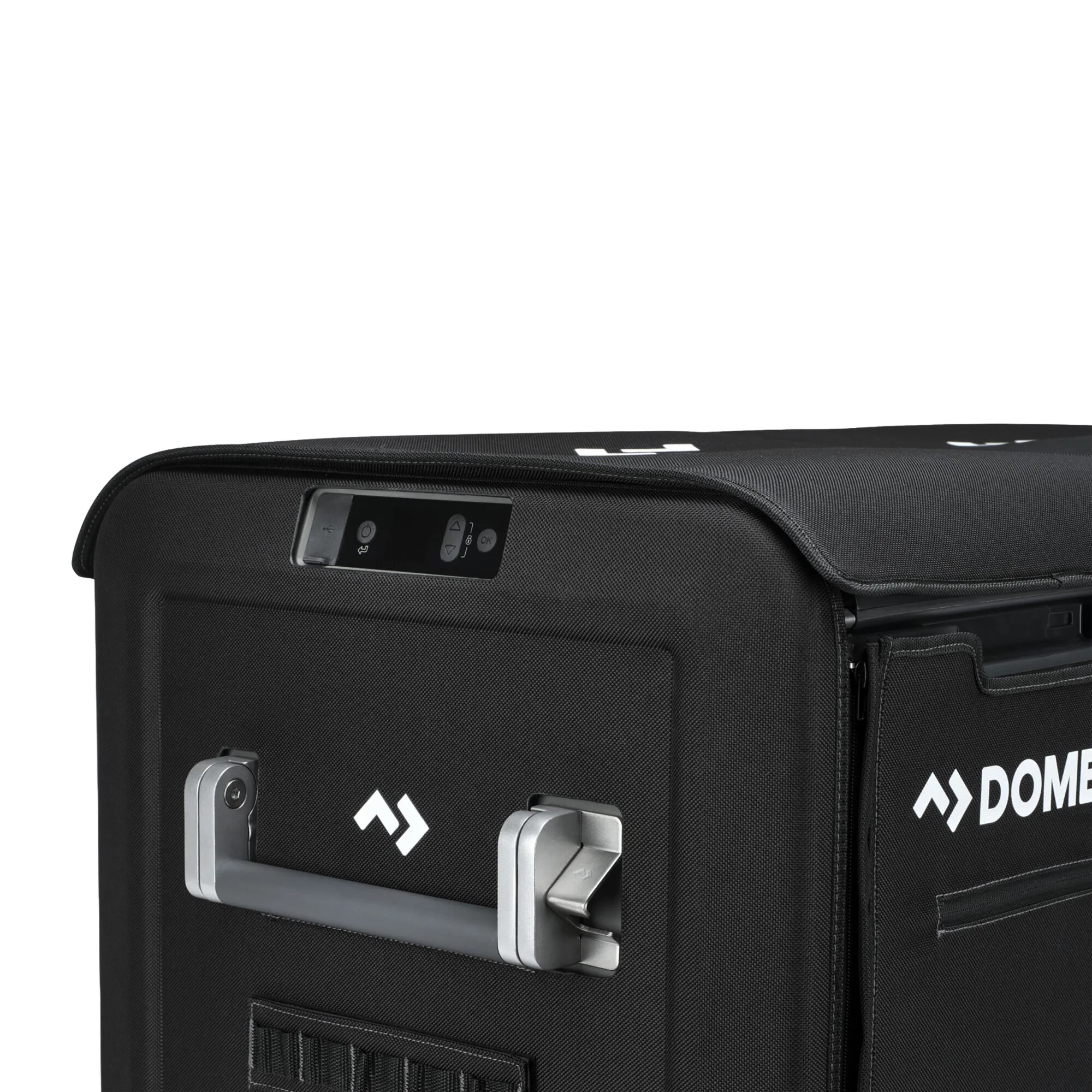 Schwarze Schutzhülle für die Dometic CFX5 95DZ mit sichtbarem Bedienfeld, Tragegriff und seitlichen Taschen