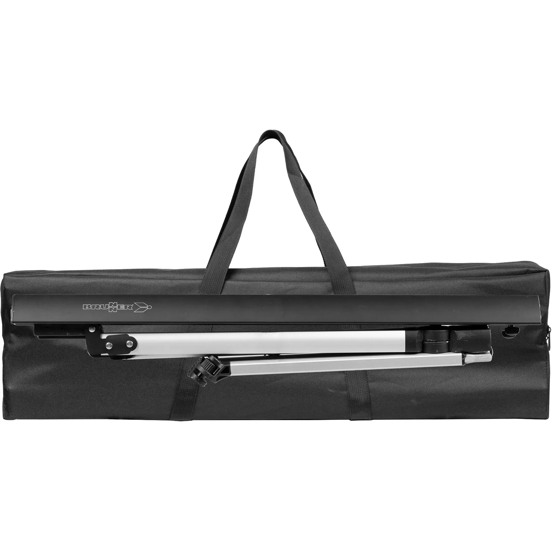Schwarze Transporttasche mit Tragegriffen und zusammengeklapptem Aluminium-Rolltisch Accelerate Compack 4 von Brunner