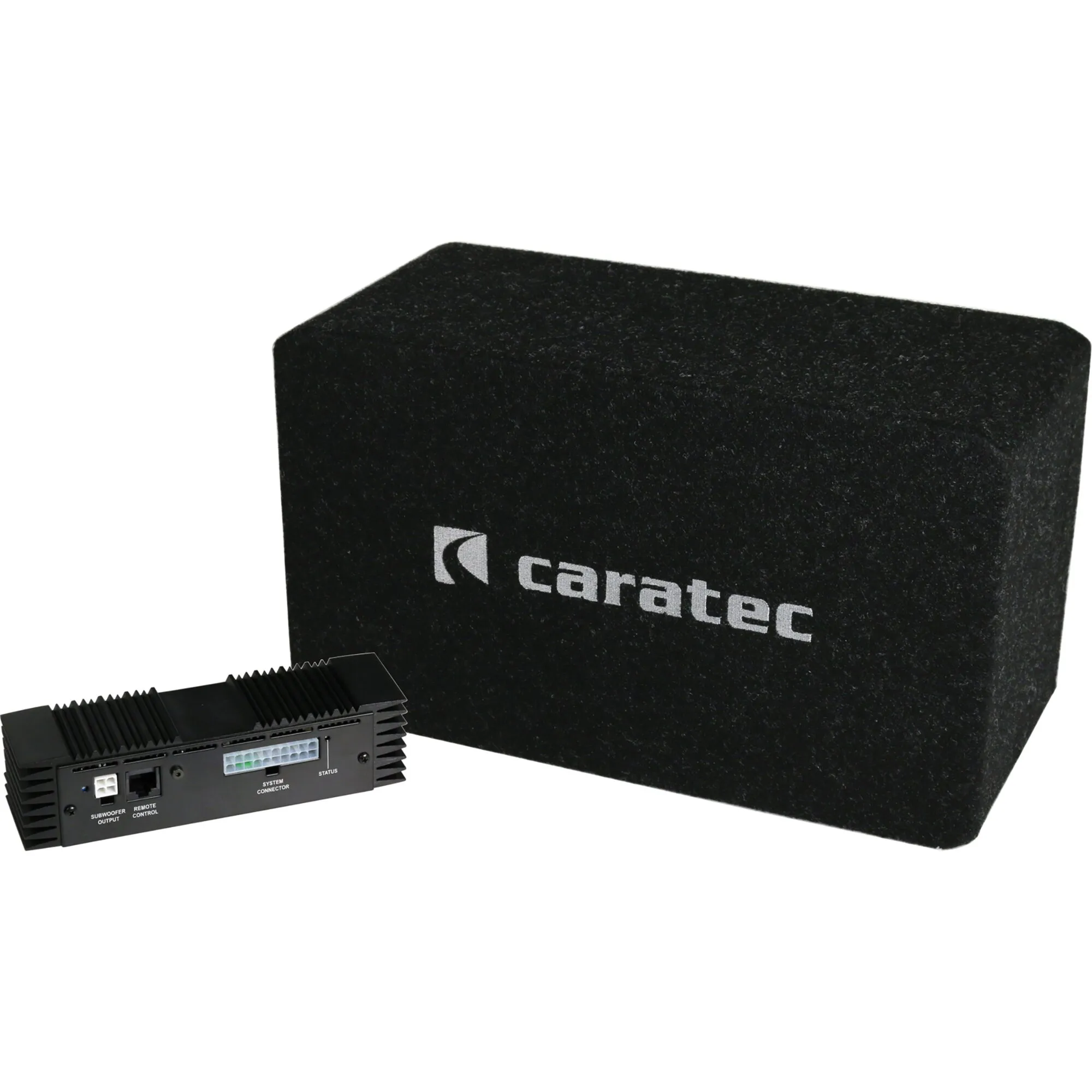 Schwarzes Caratec CAS200D Soundsystem für Fiat Ducato mit Lautsprechergehäuse und Verstärkermodul mit Anschlüssen