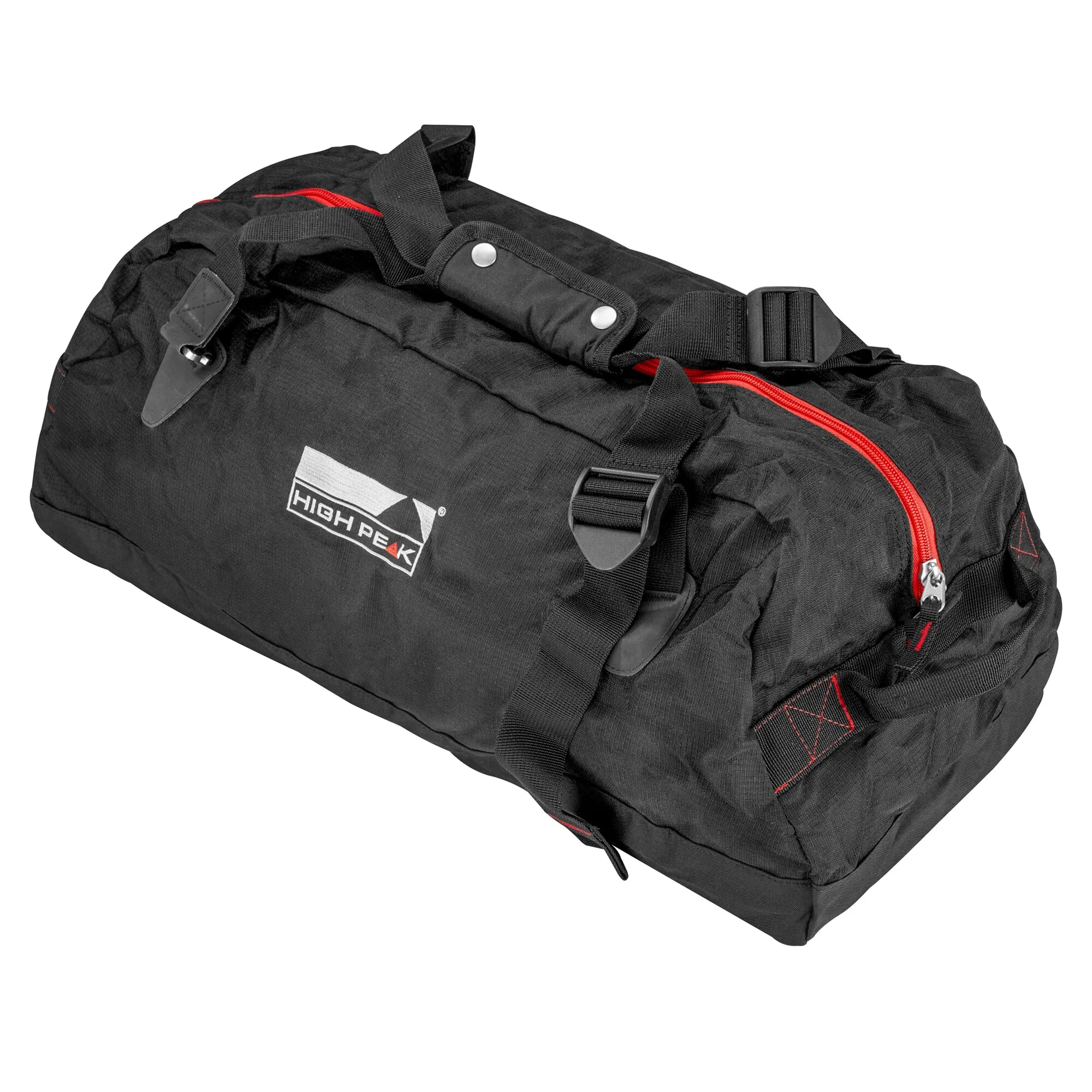 Schwarze Reisetasche Cosmos Duffle 50S mit roten Reißverschlüssen, Tragegriffen, Schultergurt und High Peak Logo