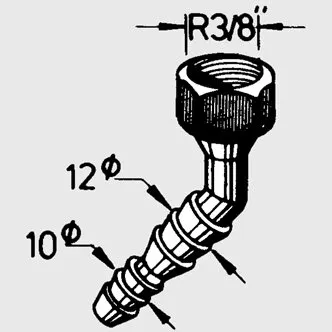Technische Zeichnung einer 45°-Messing-Schlauchtülle mit Innengewinde R3/8 Zoll und Markierungen 12 und 10 mm
