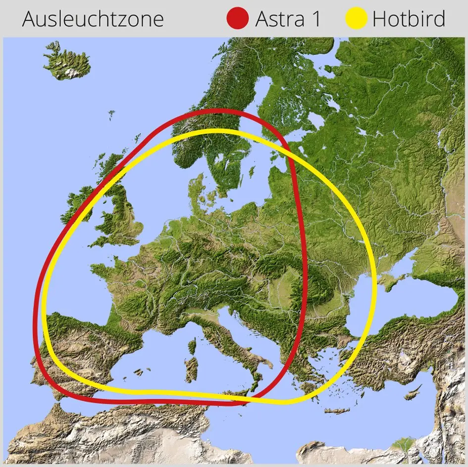Europakarte mit Ausleuchtzone; rote Linie kennzeichnet Astra 1 Abdeckung, gelbe Linie markiert Hotbird Abdeckung über Europa