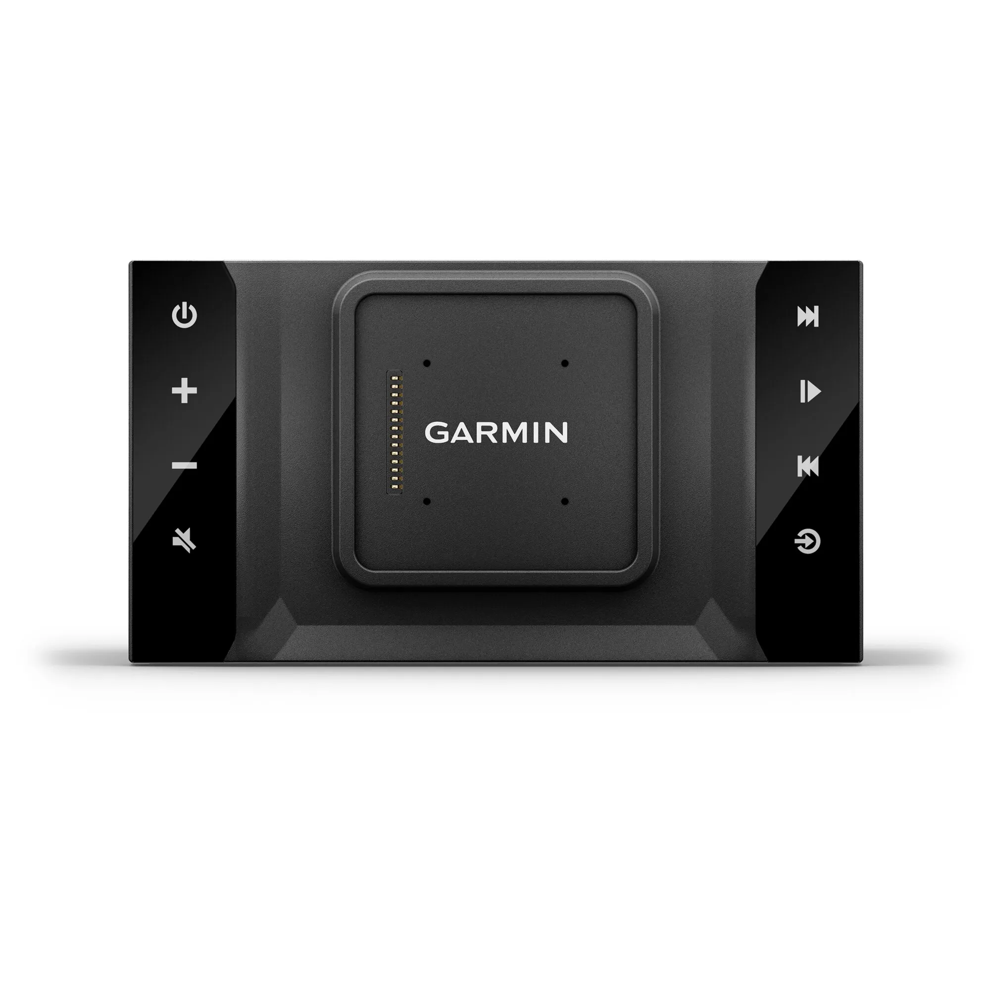 Schwarze Garmin VIEO RV52 Dockingstation mit zentralen Kontaktstiften sowie Tasten für Lautstärke, Wiedergabe und Stummschaltung