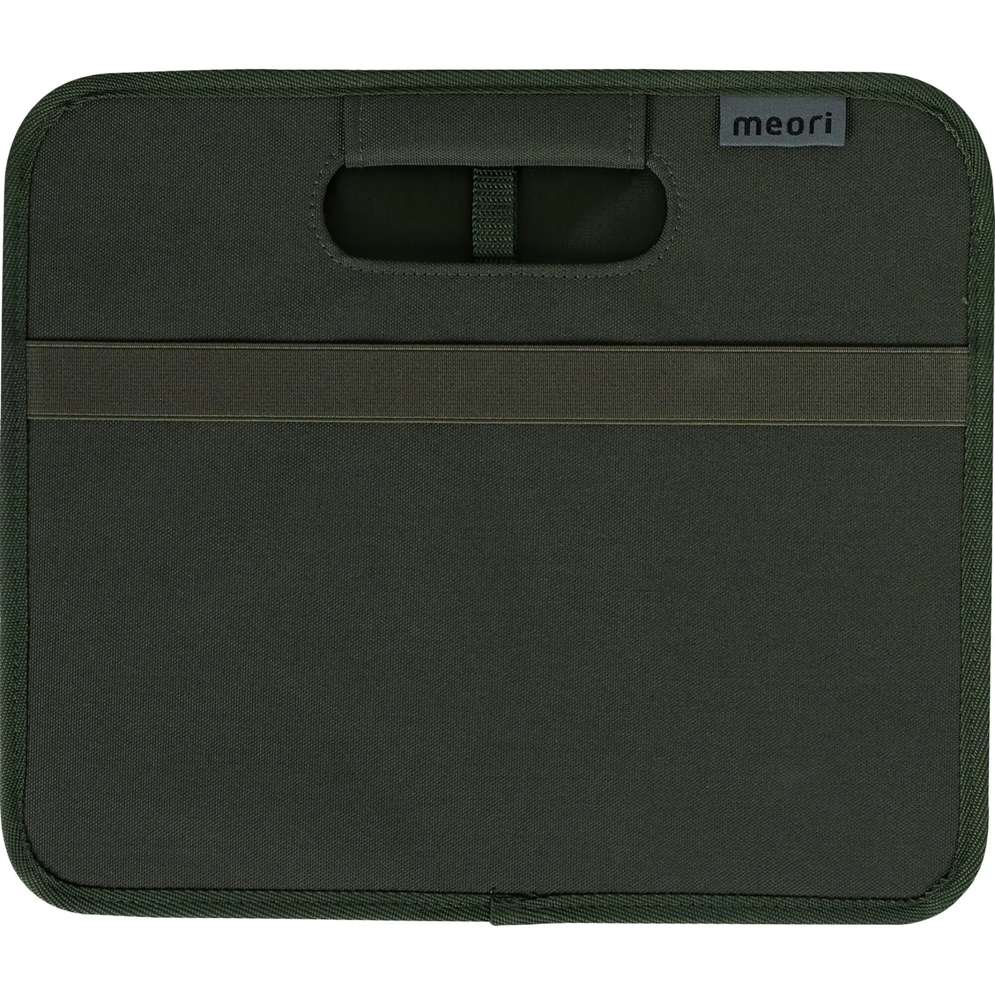 Olivgrüne, zusammengefaltete Faltbox meori Classic S mit Tragegriff, abgerundeten Ecken und meori-Logo