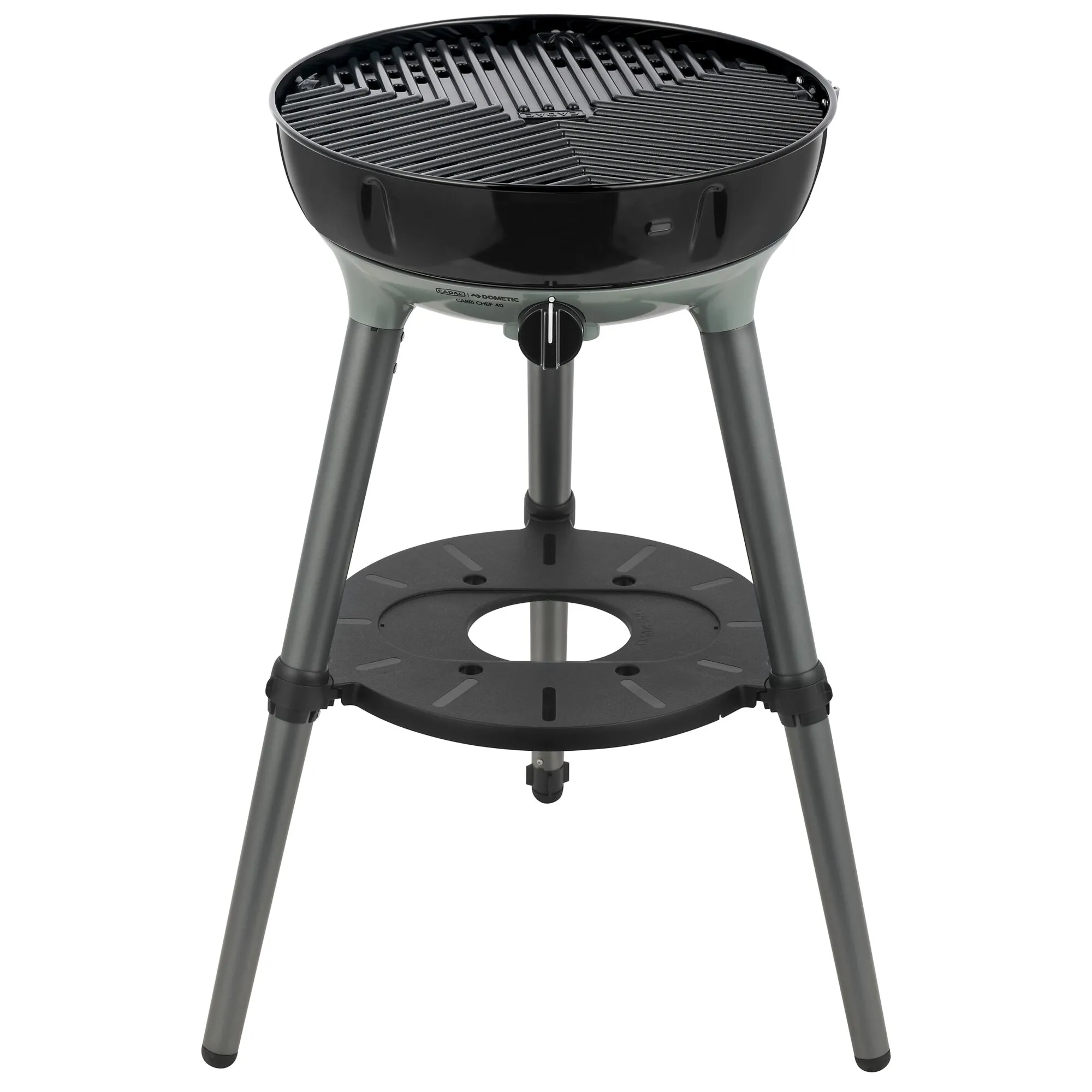 Gasgrill CADAC Carri Chef 40 in Schwarz und Grau mit rundem Grillrost, Bedienknopf, drei Beinen und Ablagefläche