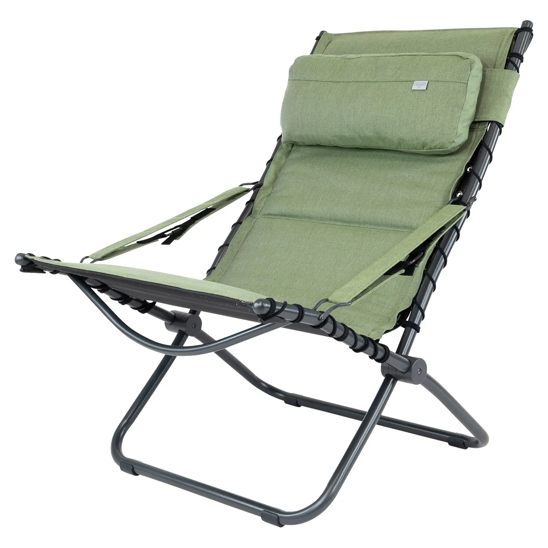 Grüner Relaxsessel AP/262 Tex-Comfort mit gepolsterter Rückenlehne und Kopfkissen, schwarzer Metallrahmen, seitliche Spanngurte sichtbar