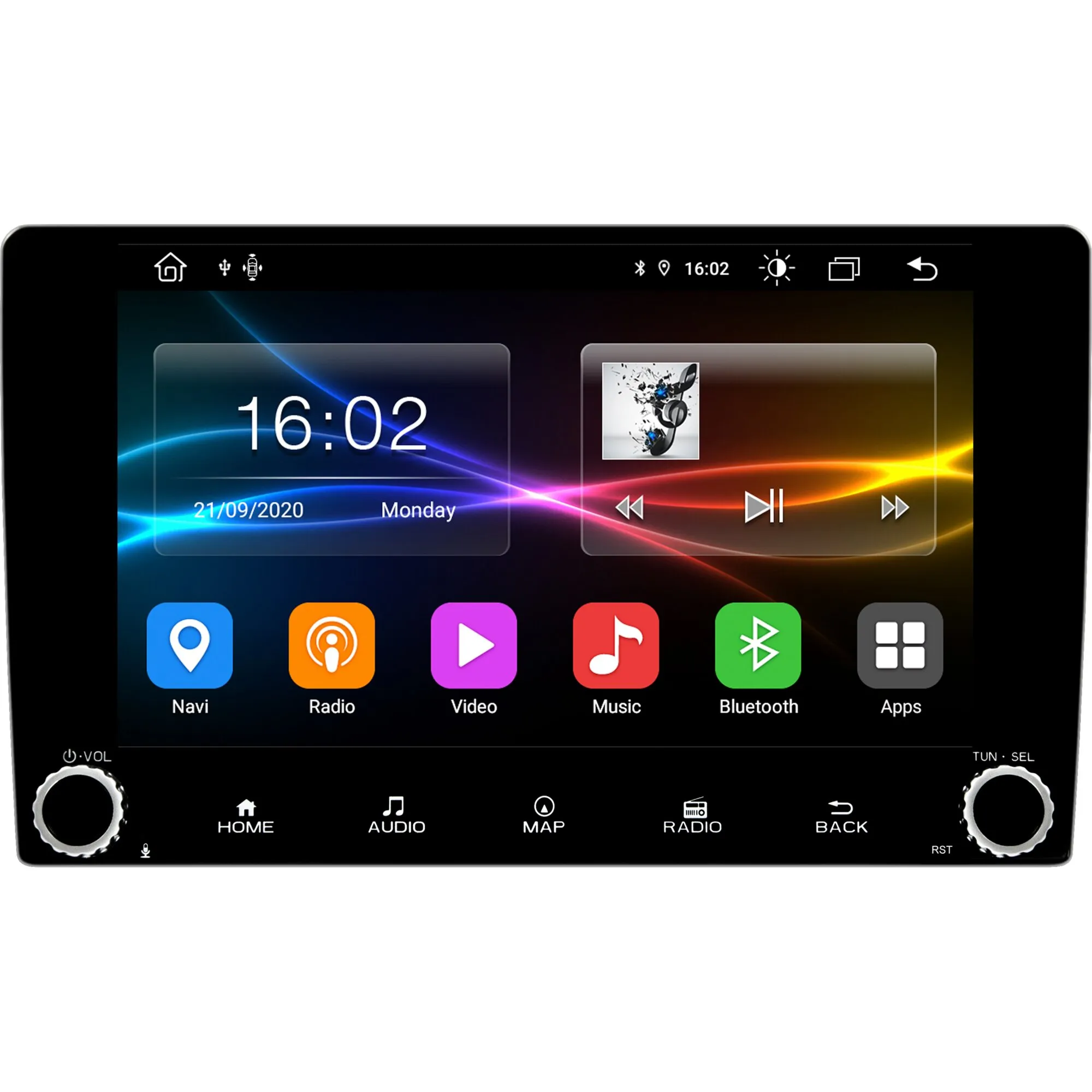 ESX Vision VNC945 4G Navigationssystem mit schwarzer Front, Touchscreen und Startmenü für Navi, Radio, Video, Musik und Bluetooth